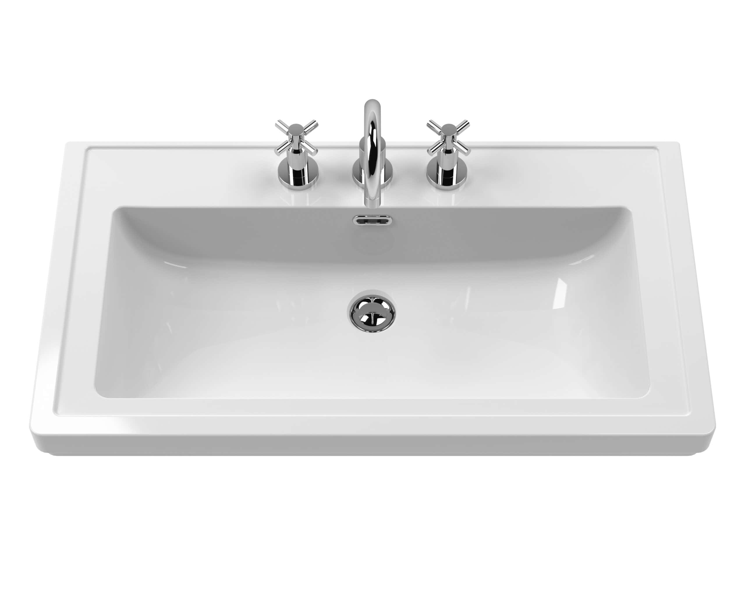 Shiny white bathroom sink with chrome tap and handles, modern design, ideal for stylish bathroom renovations and vanity areas. Durable ceramic material for long-lasting use.