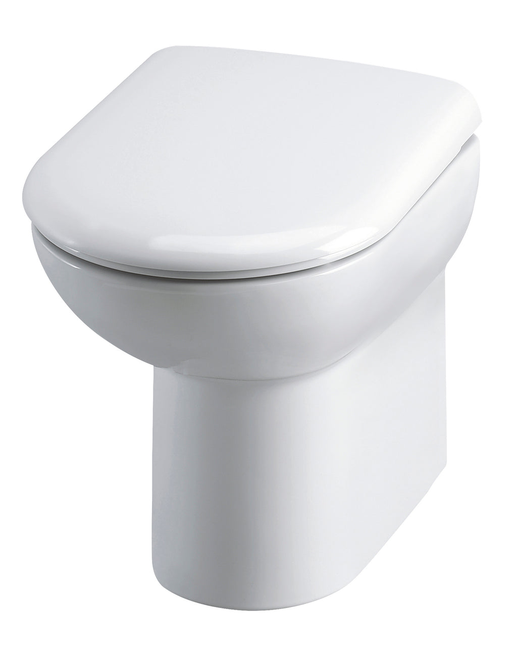Sleek white modern toilet with soft-close lid, ideal for bathroom renovation and plumbing fitments.