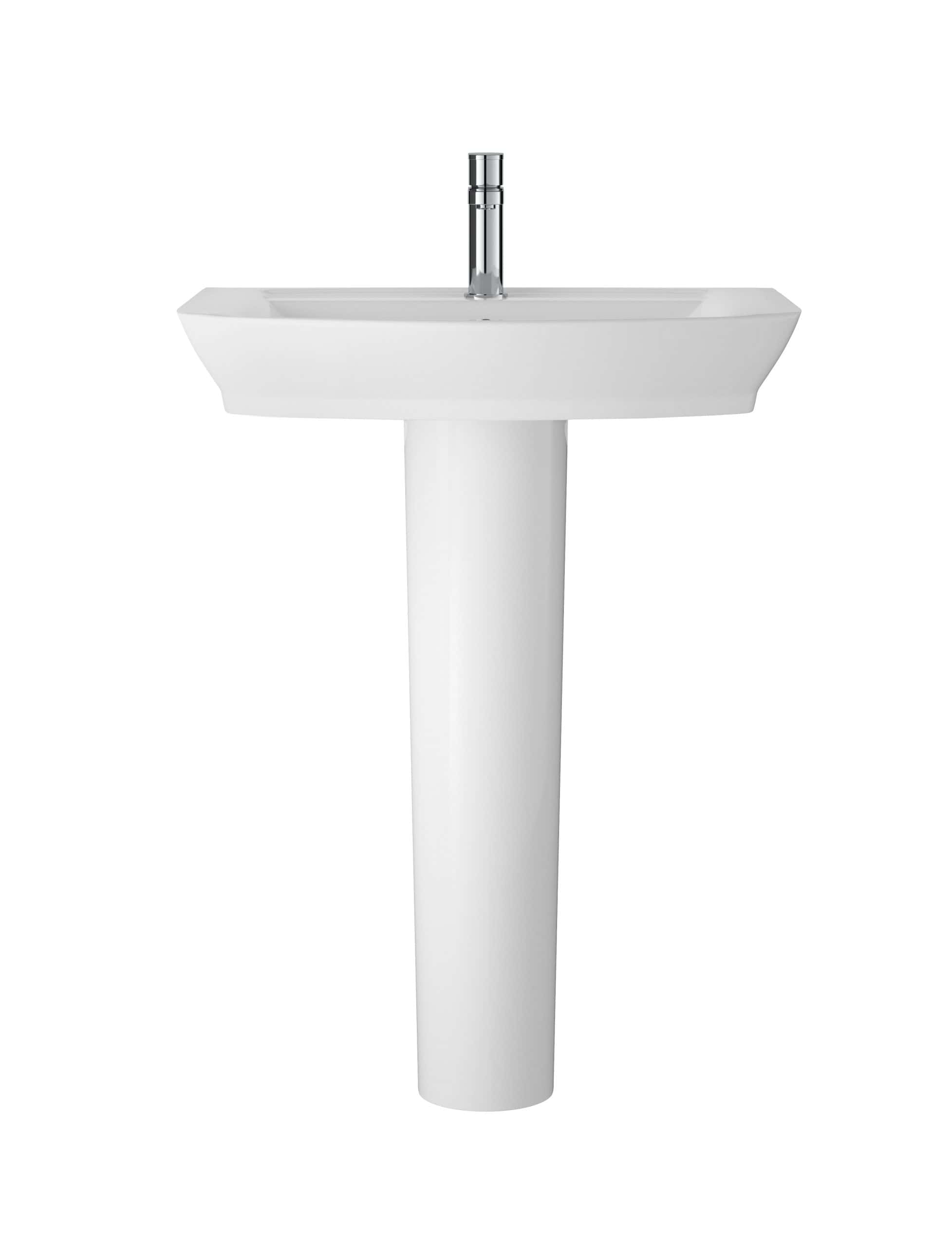 Sleek white bathroom pedestal sink with modern chrome tap, ideal for contemporary bathroom décor and space-saving washbasin solutions.
