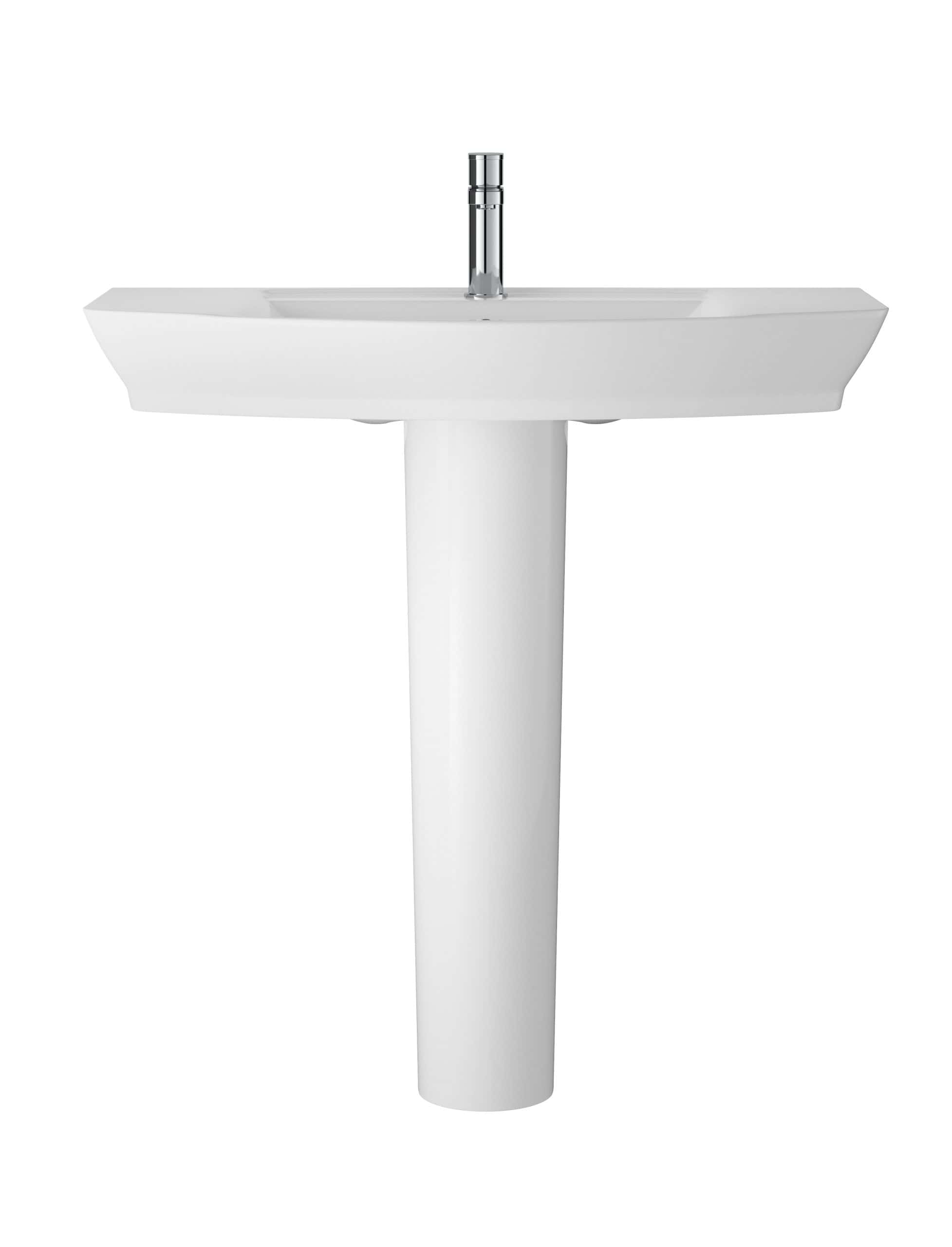 Sleek white bathroom pedestal sink with modern design, chrome faucet, perfect for contemporary bathroom designs. Durable ceramic material ideal for stylish bathroom renovations.