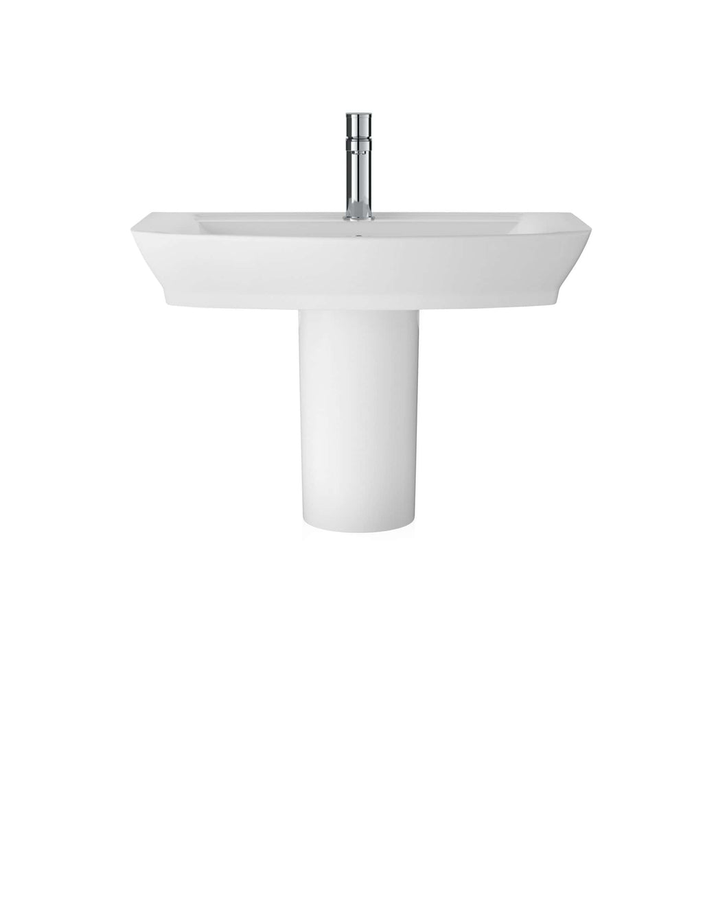 Sleek white pedestal bathroom sink with chrome faucet, ideal for modern bathroom designs and space-saving installations. Perfect for upgrading your bathroom aesthetics with contemporary fixtures.