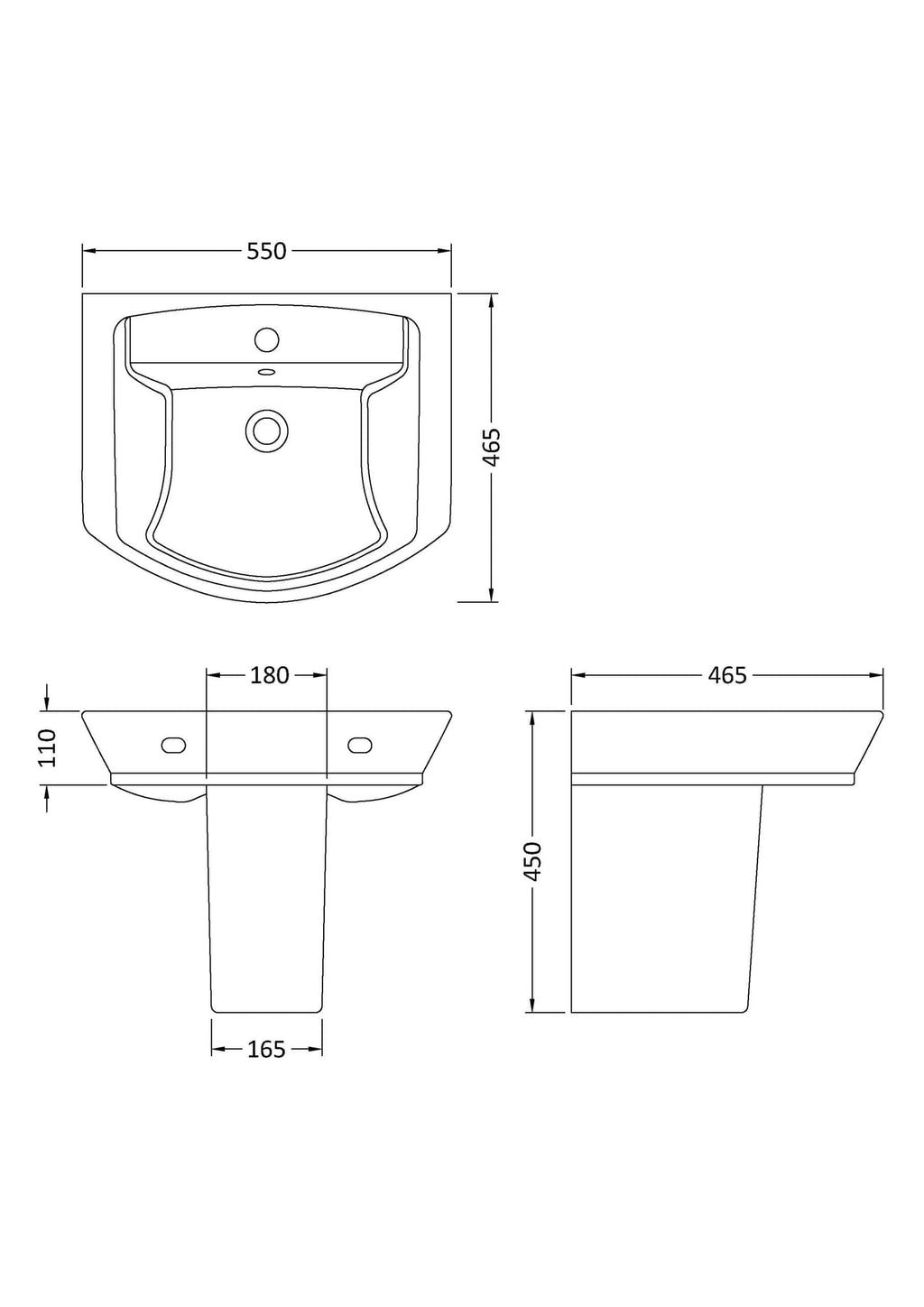 Elegant white ceramic bathroom sink with integrated tap holes, modern design, and precise measurements for installation, ideal for your contemporary bathroom renovation.
