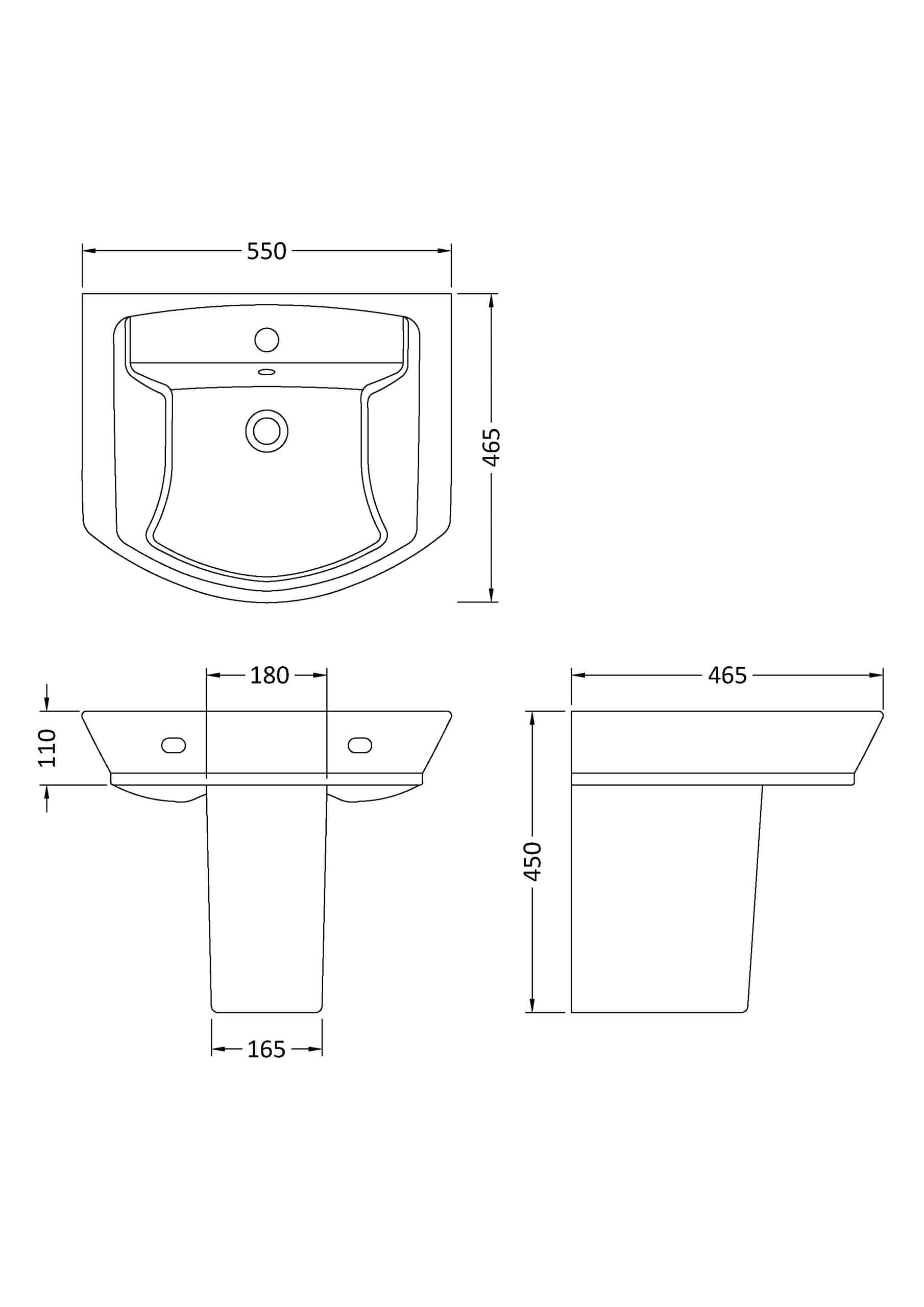 Elegant white ceramic bathroom sink with integrated tap holes, modern design, and precise measurements for installation, ideal for your contemporary bathroom renovation.