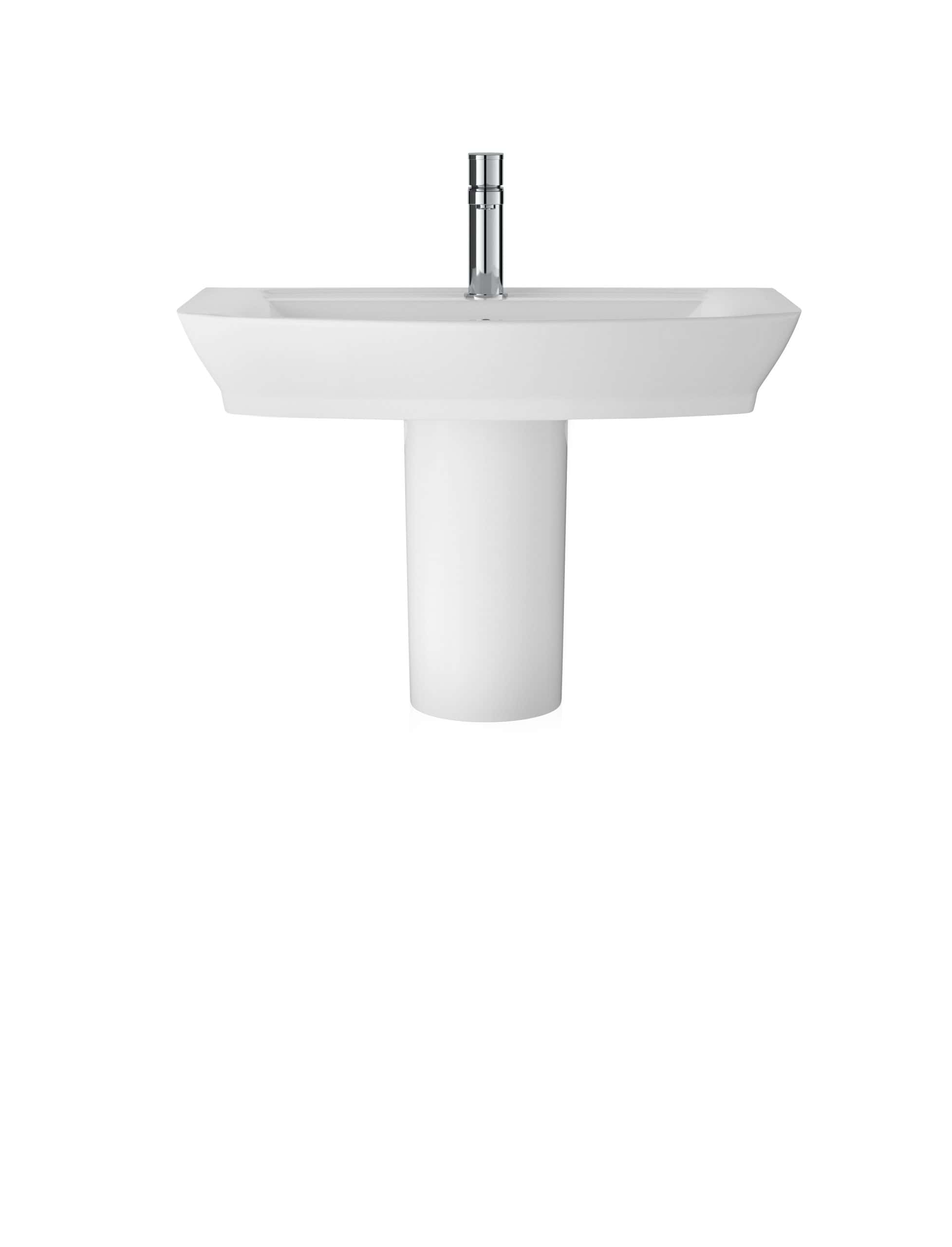 Sleek white bathroom pedestal sink with modern chrome faucet, designed for contemporary bathroom decor and hygiene functionality.