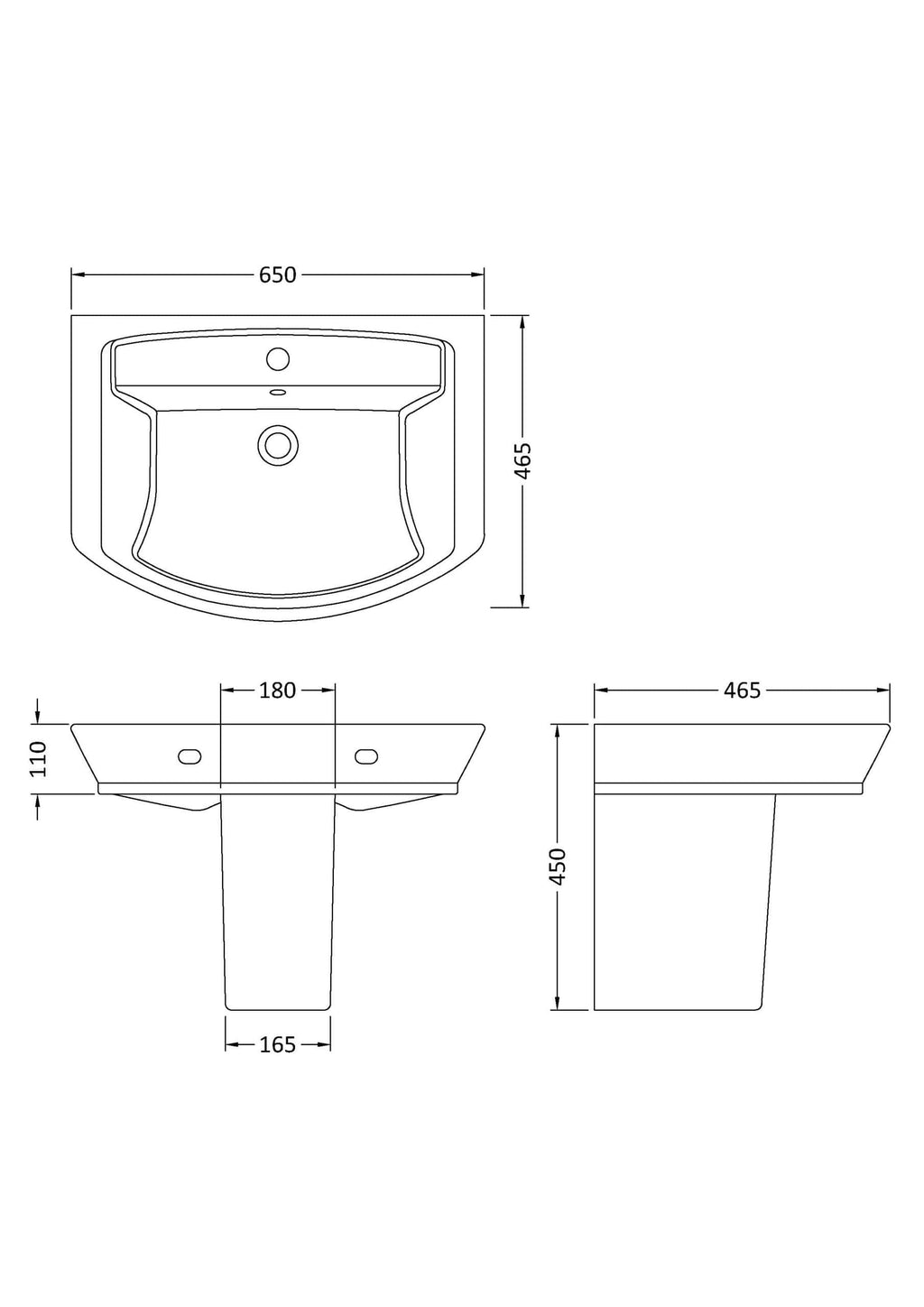 Contemporary bathroom sink design with detailed measurements, ideal for modern bathroom renovations, featuring a spacious basin and sleek profile for stylish functionality.