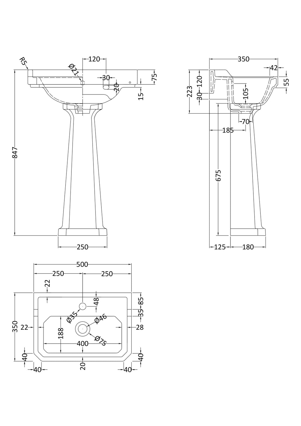Detailed technical drawing of a bathroom sink with precise measurements for installation and design planning.
