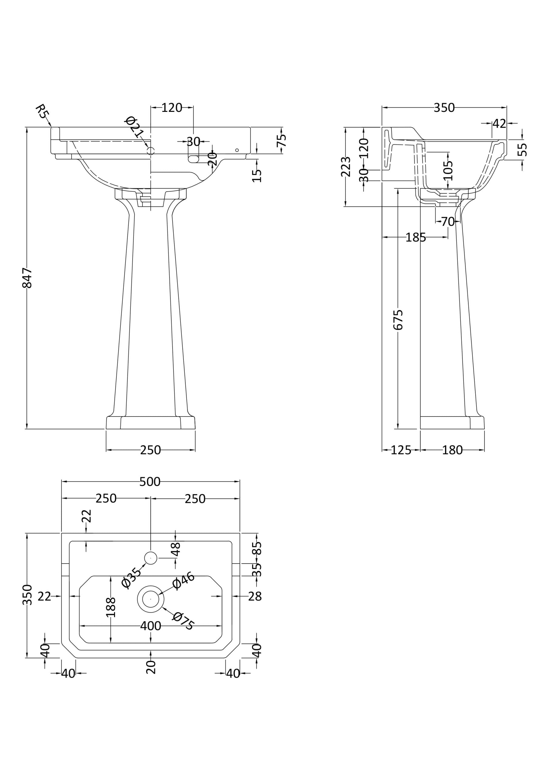 Detailed technical drawing of a bathroom sink with precise measurements for installation and design planning.