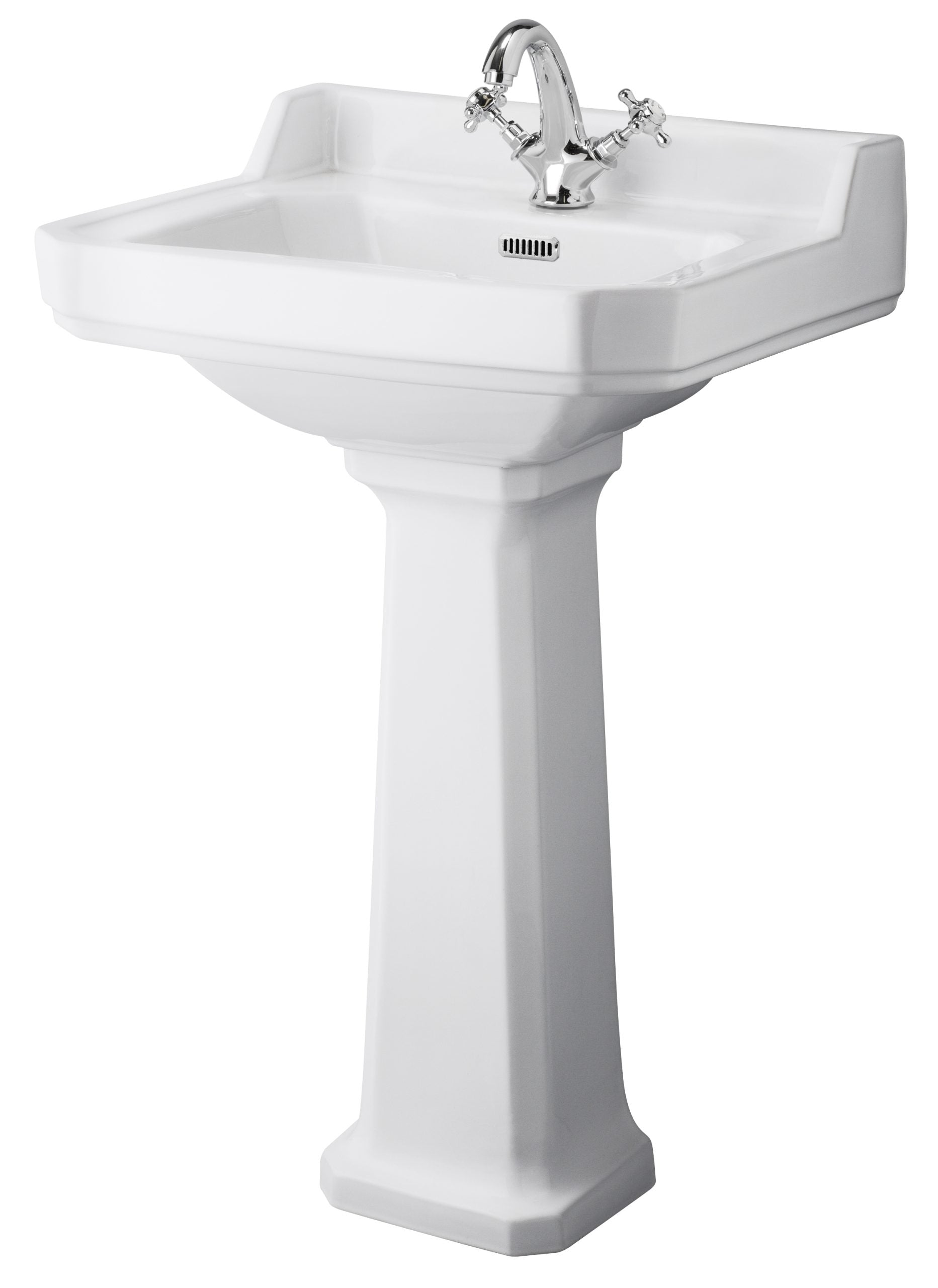 Elegant white bathroom pedestal sink with chrome tap, ideal for traditional and contemporary bathroom designs. Durable ceramic construction with a sleek finish for modern bathroom aesthetics.