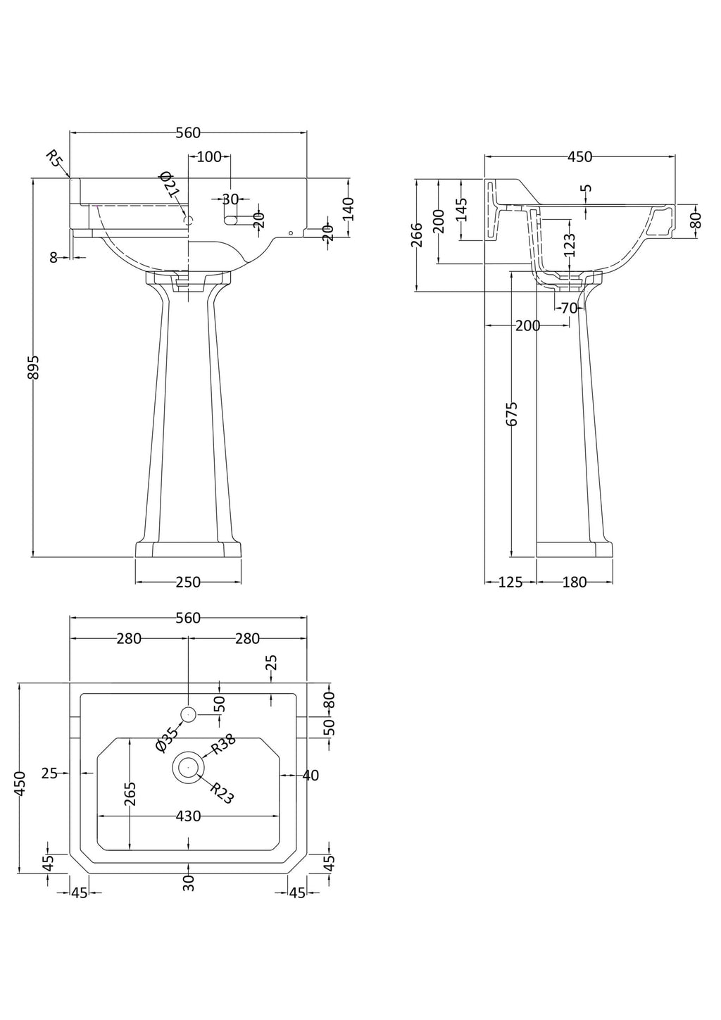 High-quality technical drawing of a pedestal bathroom sink with detailed measurements for installation and design. Perfect for bathroom refurbishment or custom bathroom design projects.