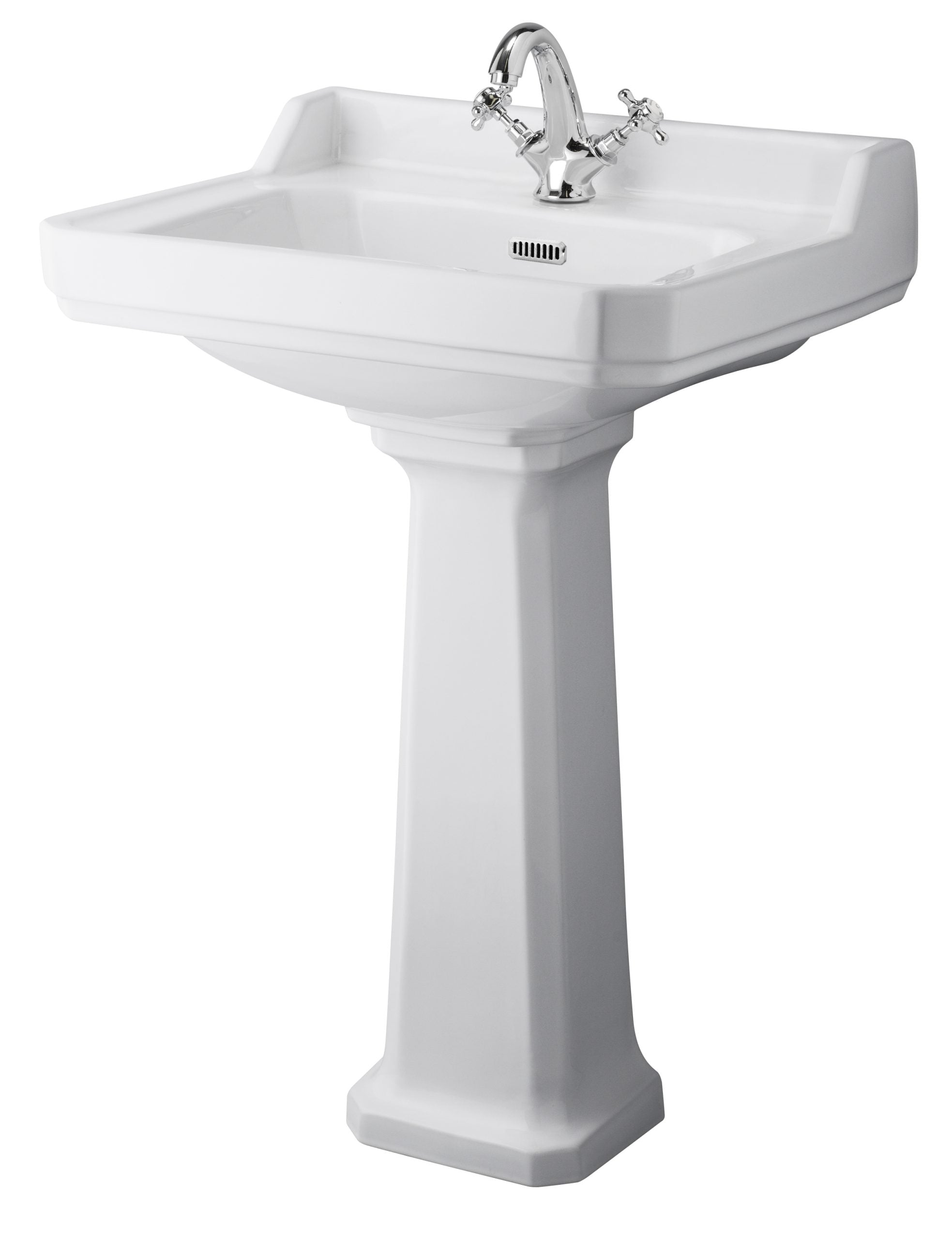 White bathroom sink with a vintage-style pedestal and chrome taps, ideal for traditional bathroom decor. Durable ceramic material with a classic design, perfect for bathroom renovations and installations.