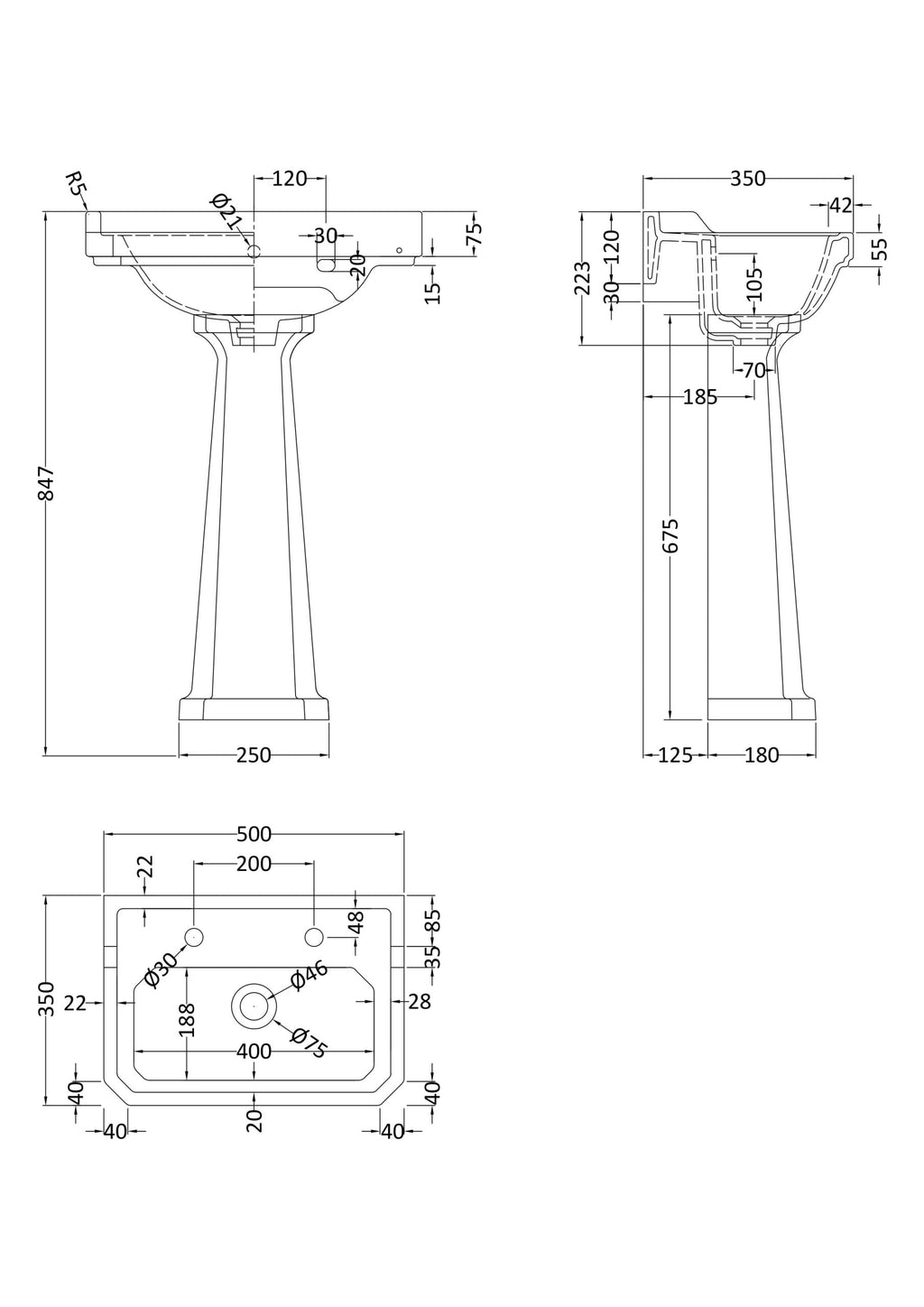 Light blue technical drawing of a bathroom sink with detailed measurements and dimensions for installation or manufacturing purposes.