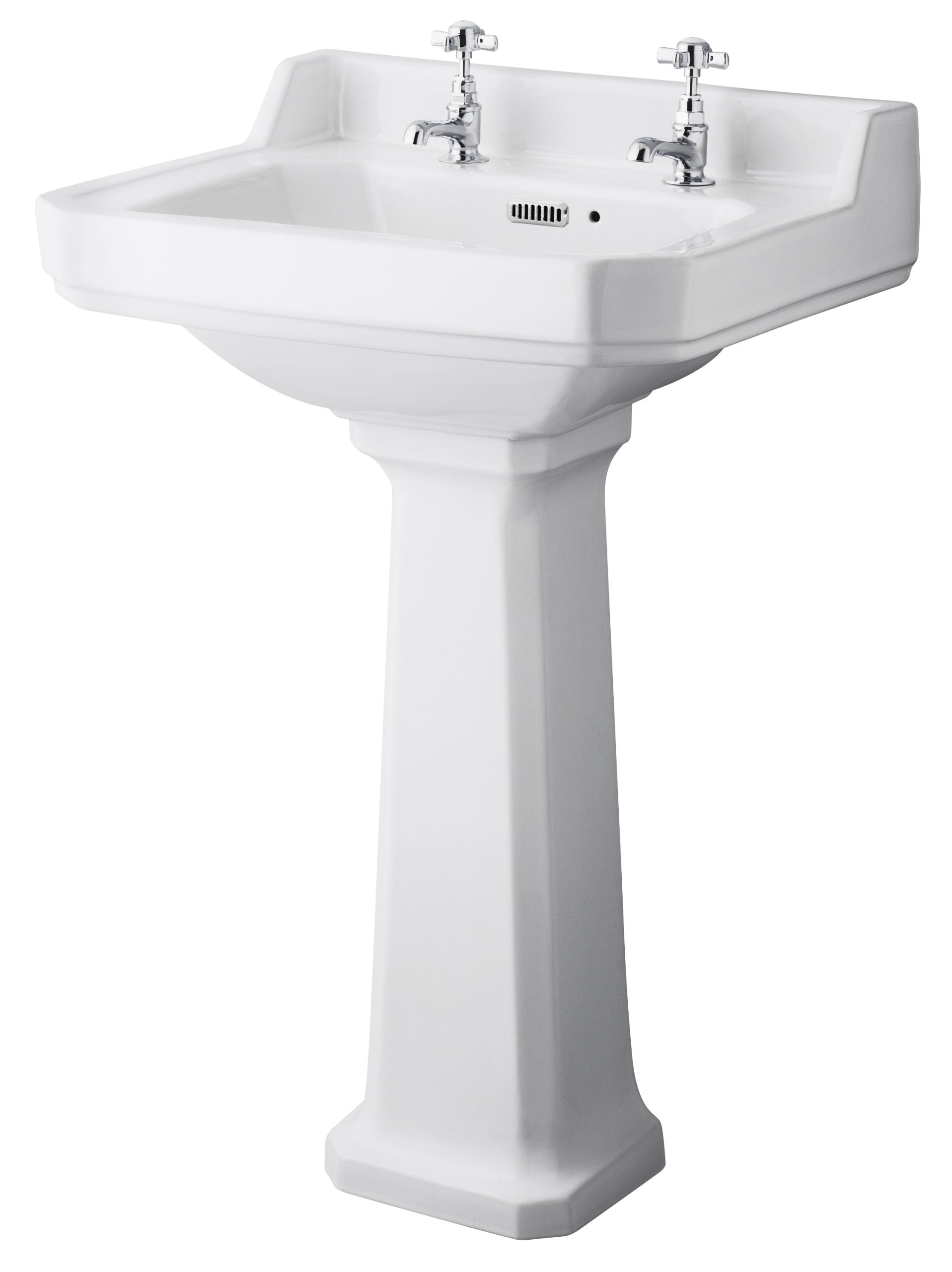 Elegant bathroom sink with chrome taps, classic pedestal design, ideal for traditional and vintage bathroom styles, featuring durable ceramic construction and timeless white finish.