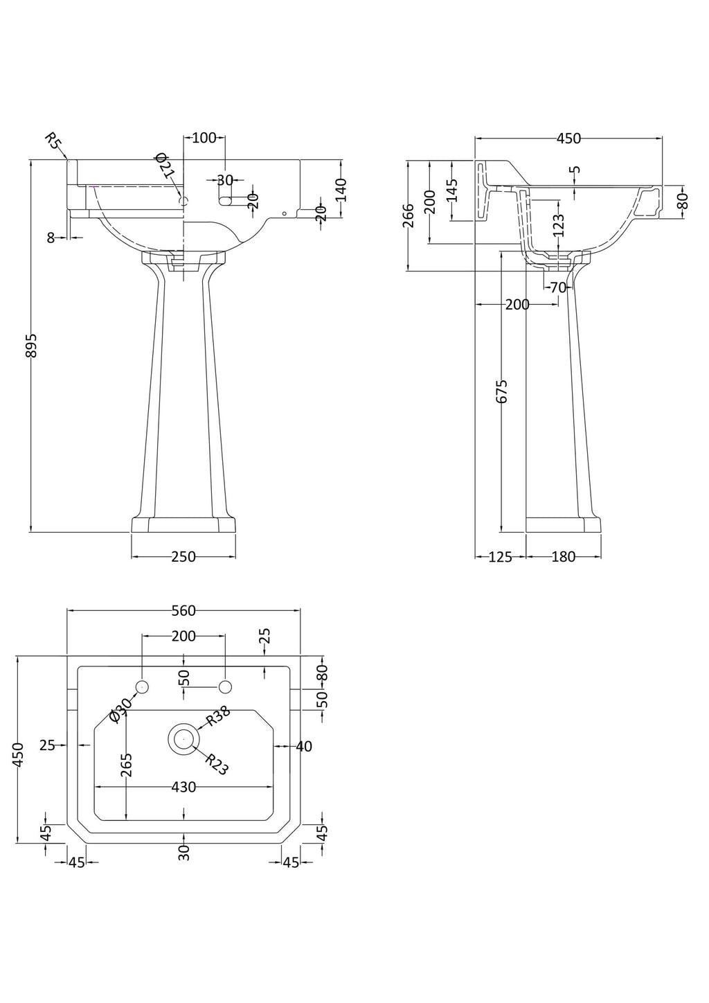 Schematic drawing of a bathroom sink with detailed measurements for installation and design. Perfect for bathroom renovation or new bathroom design projects.