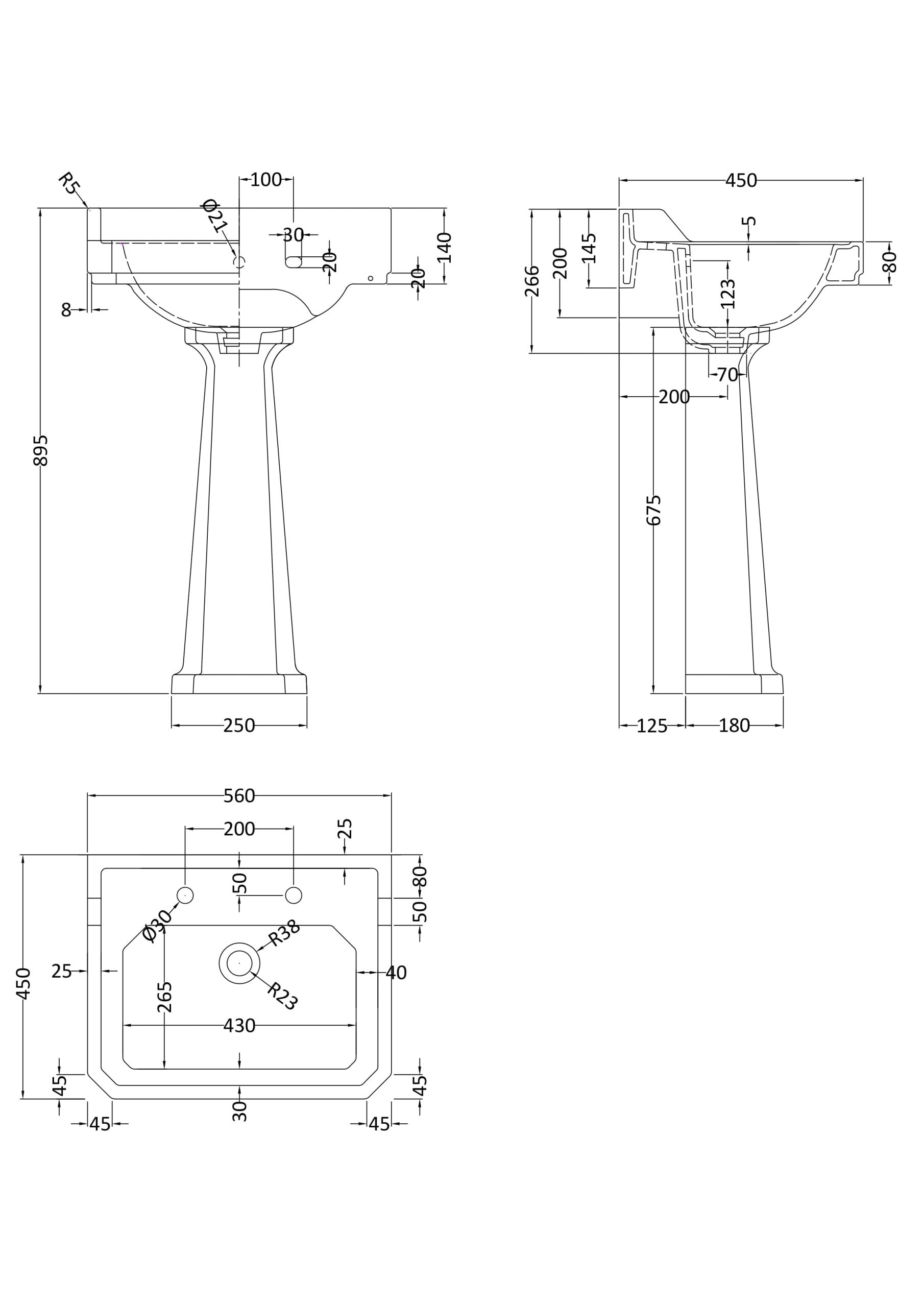Schematic drawing of a bathroom sink with detailed measurements for installation and design. Perfect for bathroom renovation or new bathroom design projects.