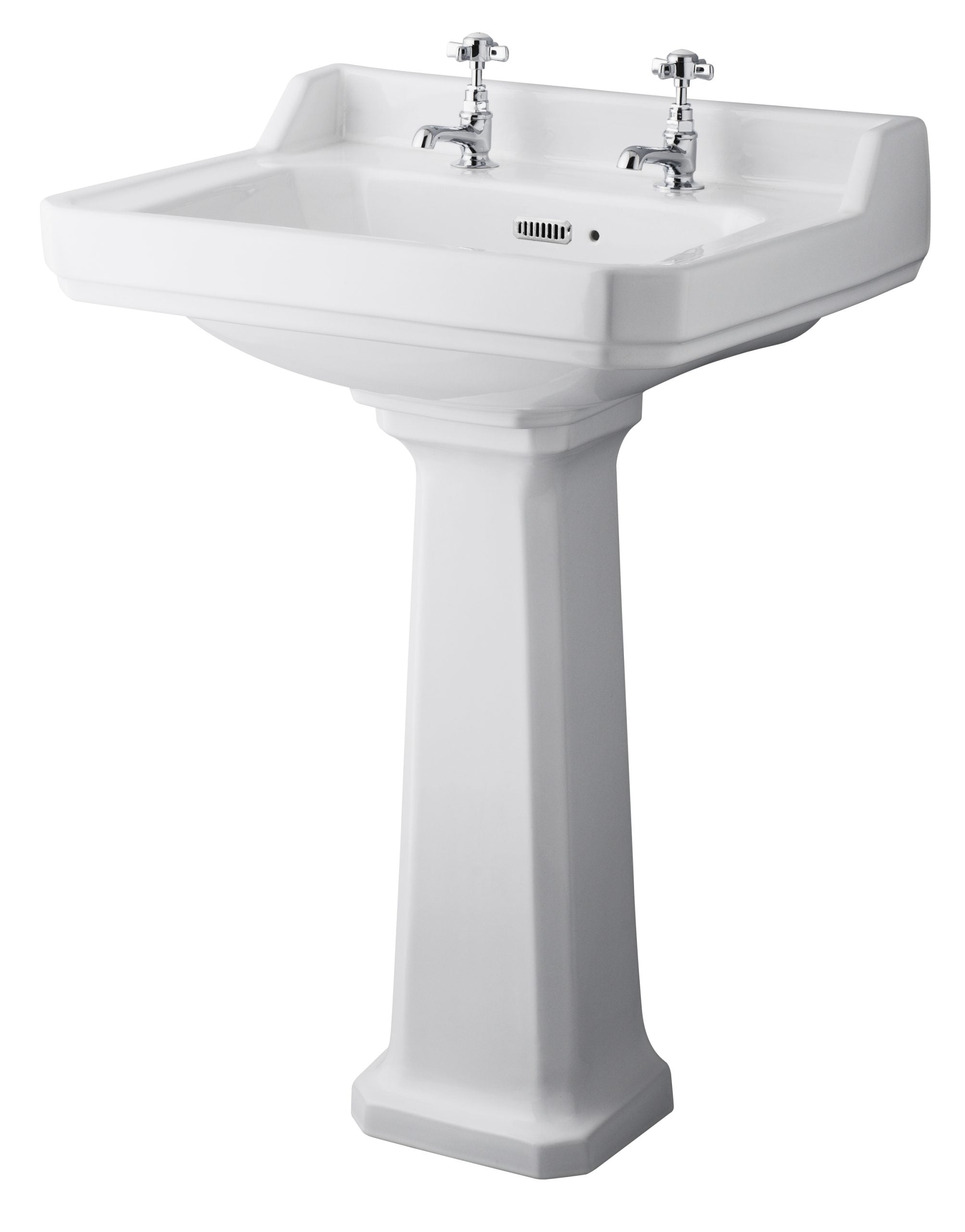Polished white vintage bathroom pedestal sink with dual faucets and ceramic basin, ideal for classic bathroom designs and traditional plumbing fixtures.