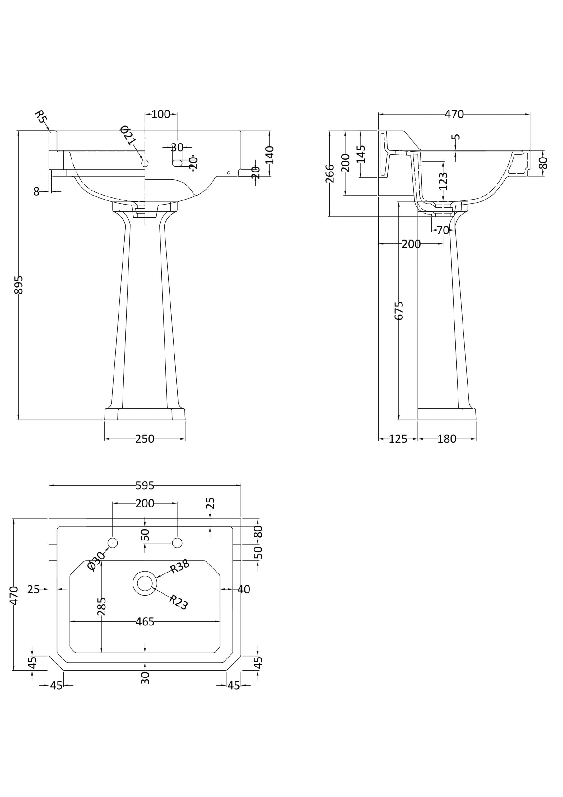 Modern pedestal bathroom sink with detailed technical drawing, showcasing dimensions and plumbing connections for Bubly Bathrooms. Ideal for bathroom renovation projects.