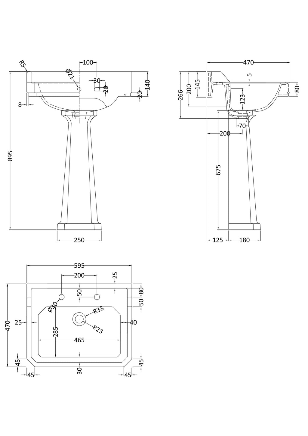 Modern pedestal bathroom sink with detailed technical drawing, showcasing dimensions and plumbing connections for Bubly Bathrooms. Ideal for bathroom renovation projects.