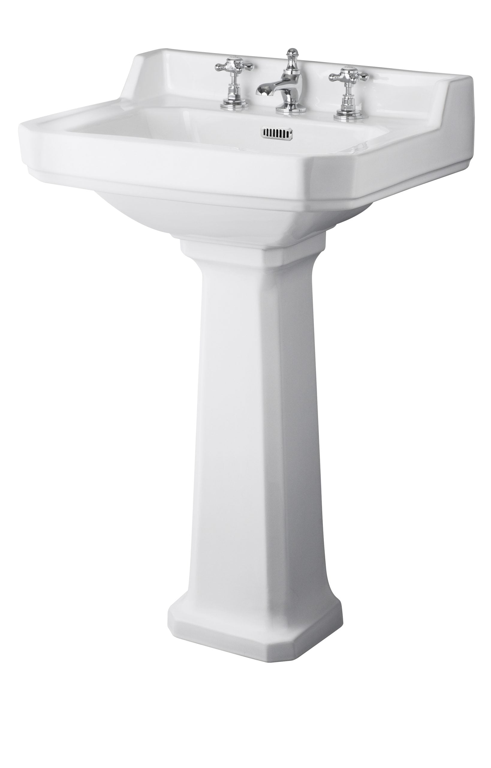 Vintage white ceramic bathroom pedestal sink with classic chrome tap fittings and a built-in overflow vent, ideal for traditional bathroom decor.