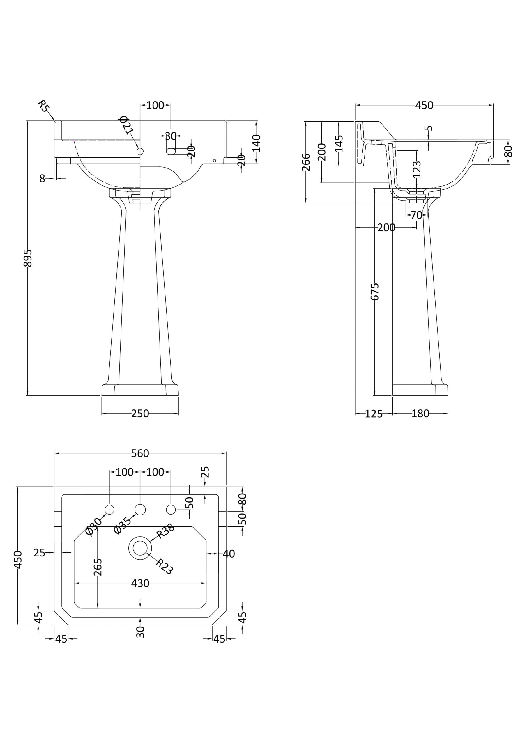 Schematic drawing of a bathroom sink with detailed measurements for installation and design. Features include basin dimensions, height, and mounting specifications. Perfect for planning a Bubly Bathrooms renovation.