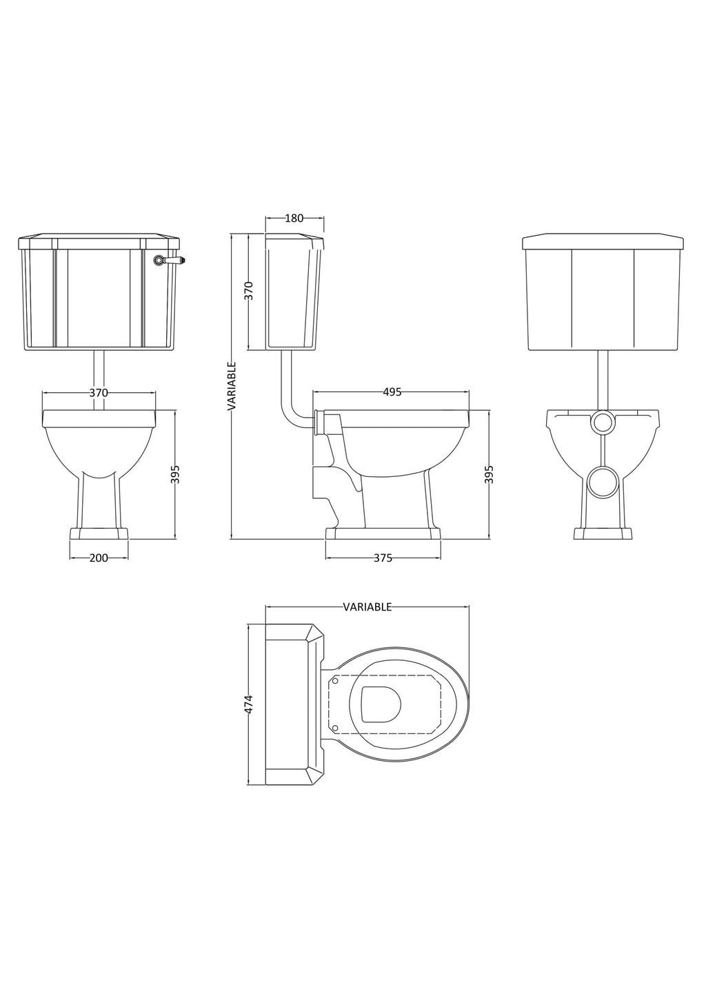 High-quality technical drawing of a modern bathroom toilet with detailed dimensions and specifications from Bubly Bathrooms UK.