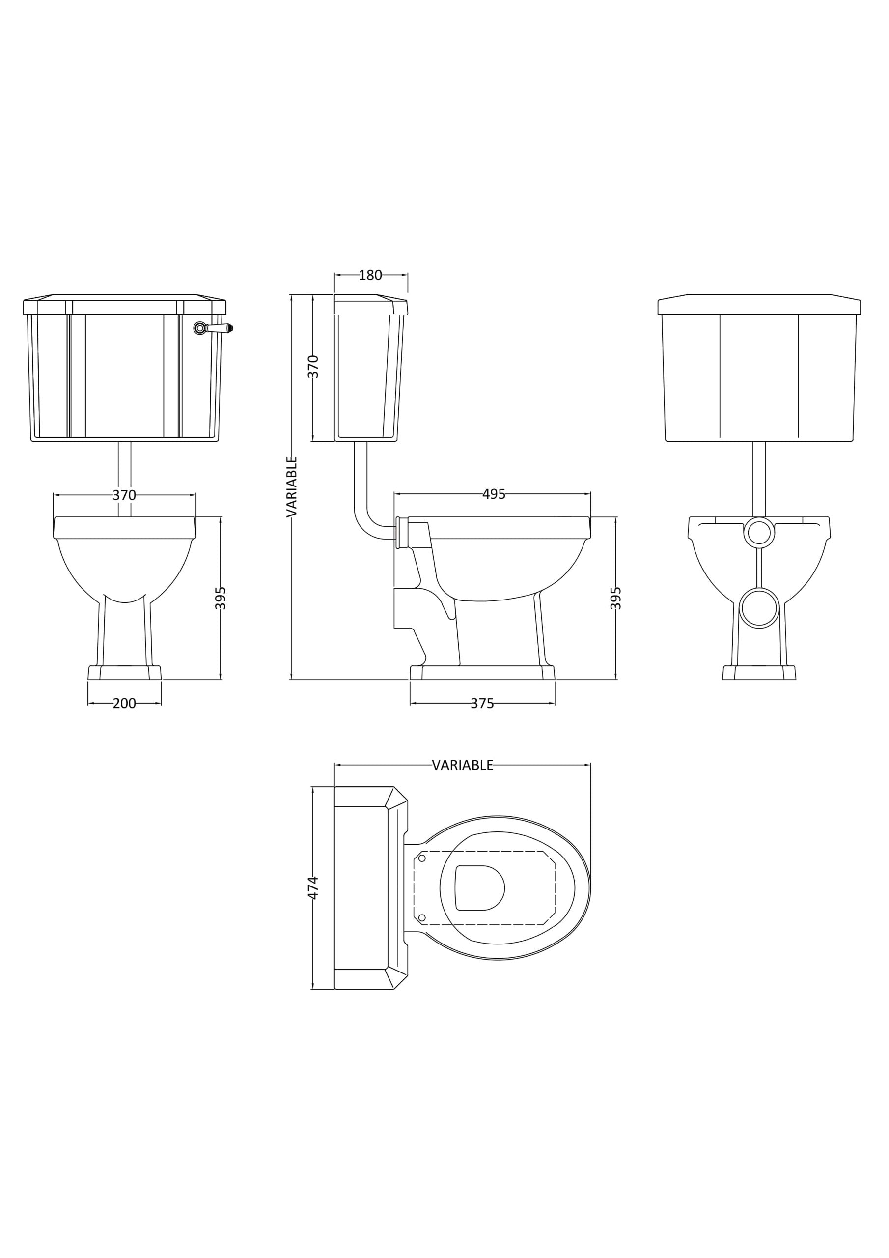 High-quality technical drawing of a modern bathroom toilet with detailed dimensions and specifications from Bubly Bathrooms UK.