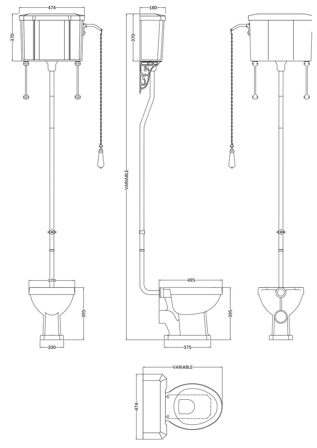 High-level technical drawing of vintage-style toilet with cistern and flush handle, incorporating detailed measurements, suitable for classic bathroom renovation projects and plumbing installations.