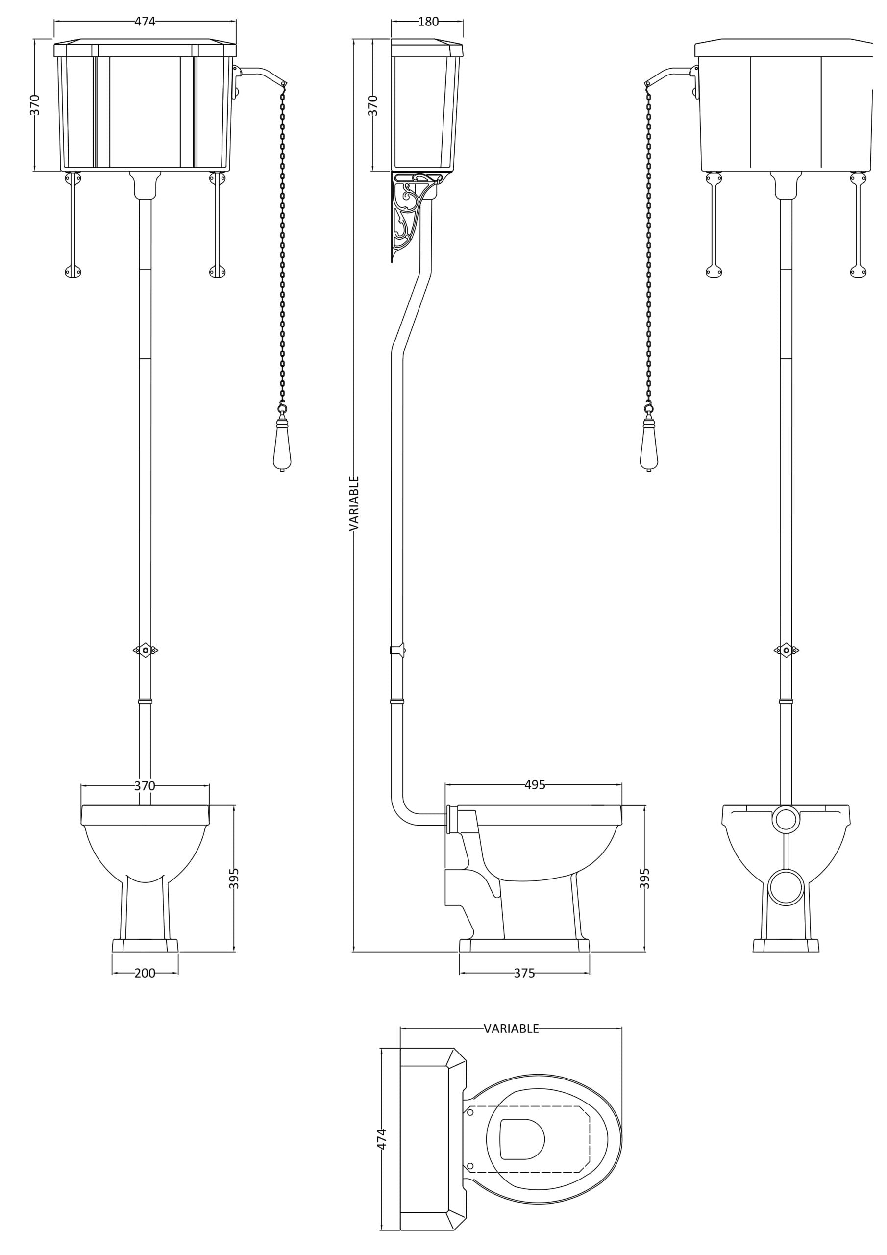 High-level technical drawing of vintage-style toilet with cistern and flush handle, incorporating detailed measurements, suitable for classic bathroom renovation projects and plumbing installations.
