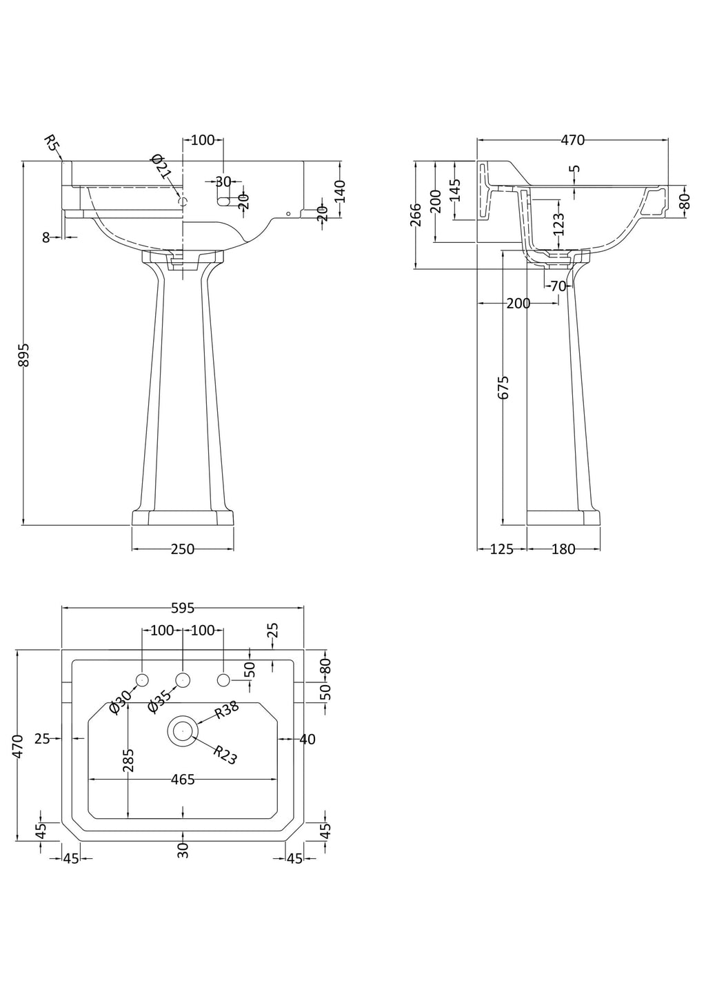 Elegant pedestal bathroom sink with detailed technical drawing, showcasing dimensions for installation and plumbing compatibility, ideal for modern bathroom renovation projects.