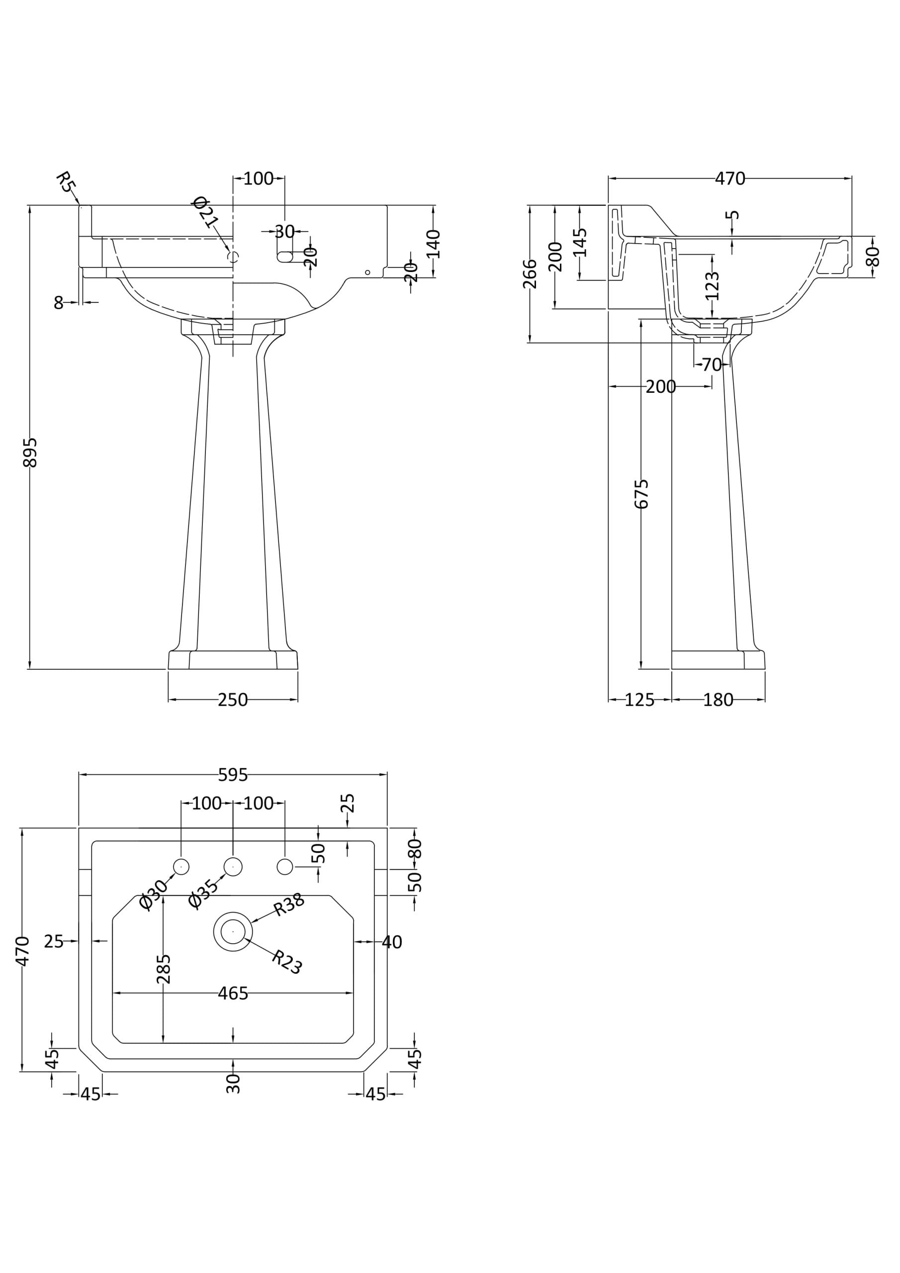 Elegant pedestal bathroom sink with detailed technical drawing, showcasing dimensions for installation and plumbing compatibility, ideal for modern bathroom renovation projects.
