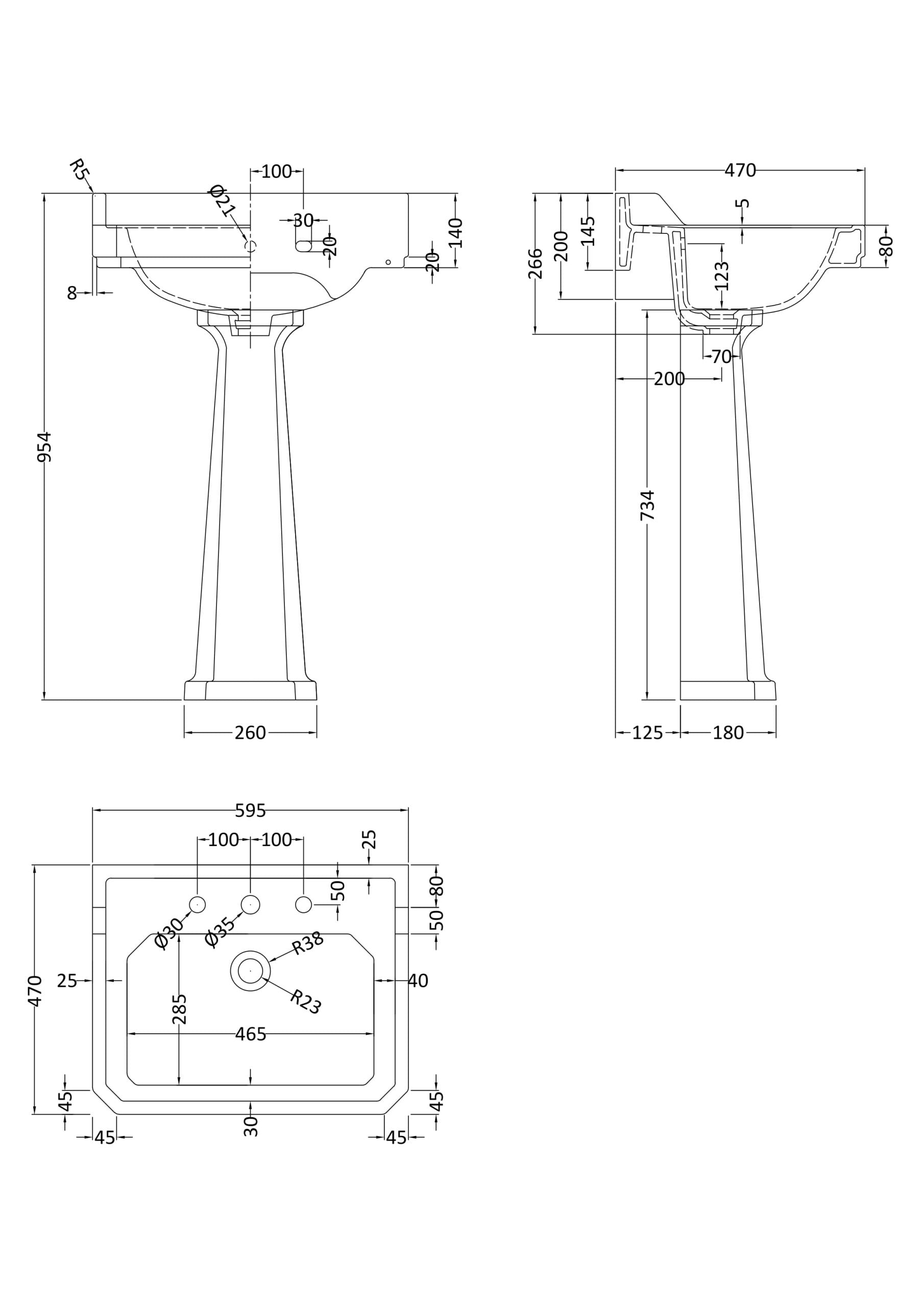 Highly detailed technical drawing of a bathroom sink with measurements, specifications, and installation details for Bubly Bathrooms.