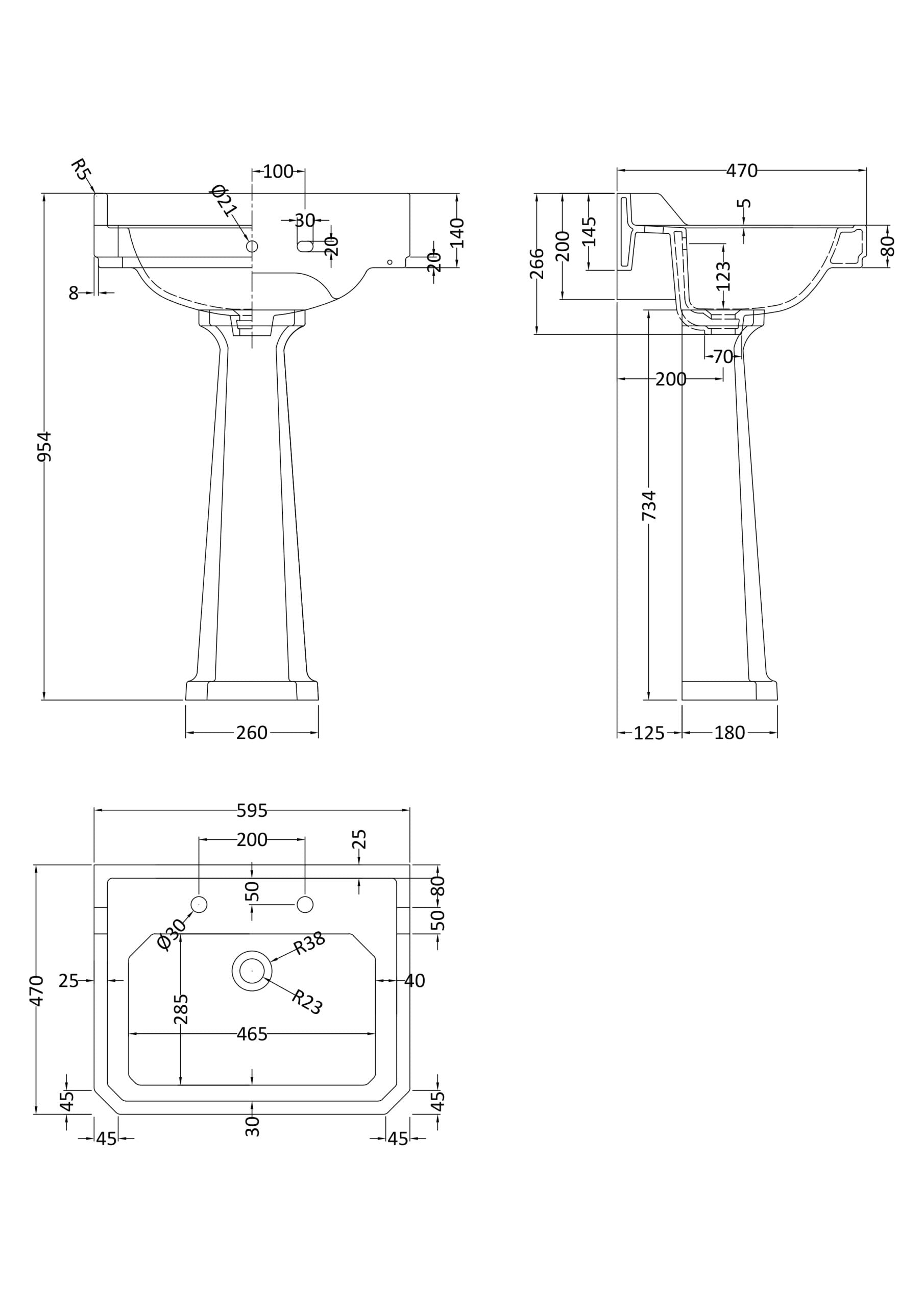 Elegant bathroom sink with detailed technical drawing, showcasing dimensions and plumbing specifications for advanced bathroom design and installation.