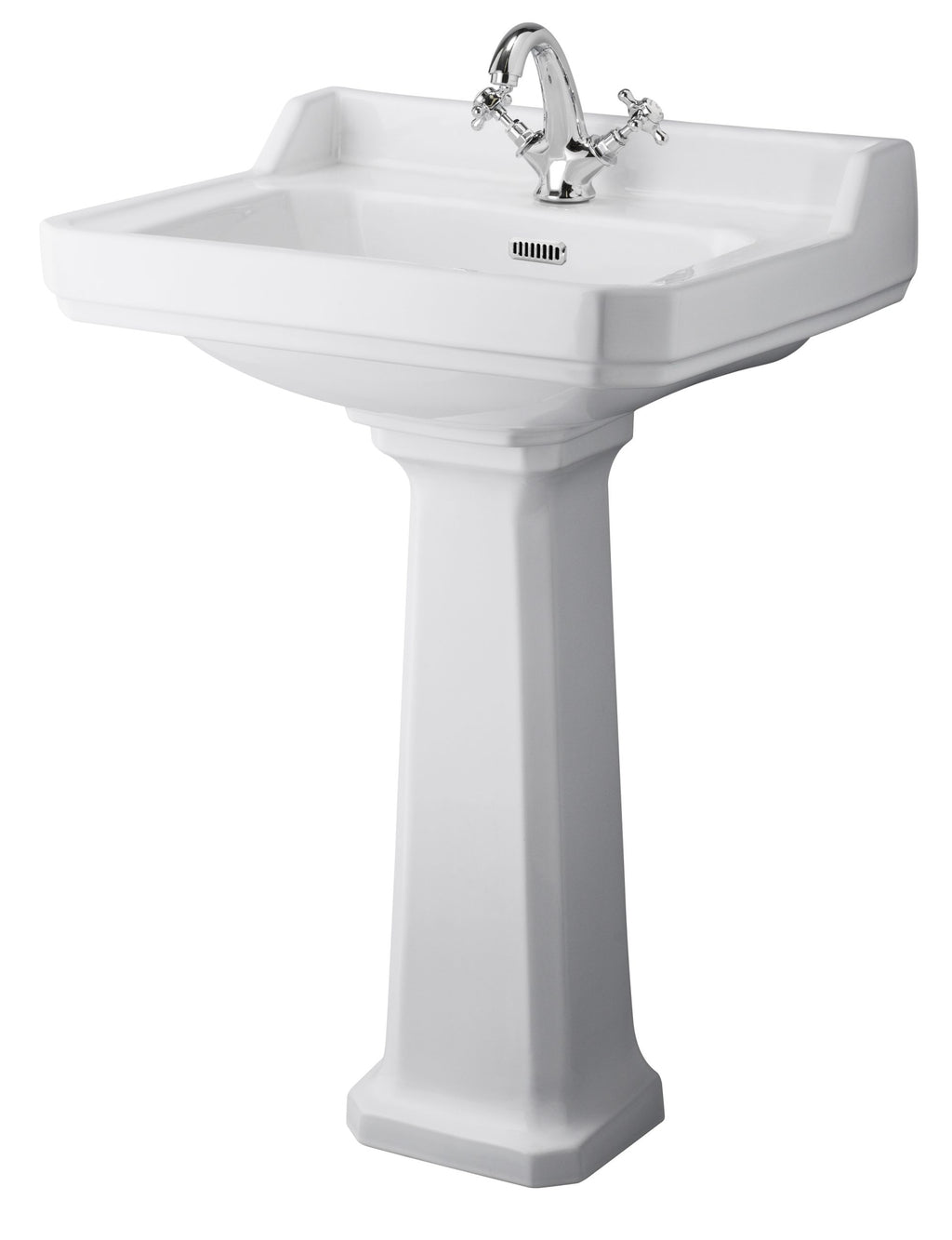 Polished white bathroom sink with chrome mixer tap, pedestal design, ideal for classic bathroom settings. Perfect for creating a functional and stylish wash area.