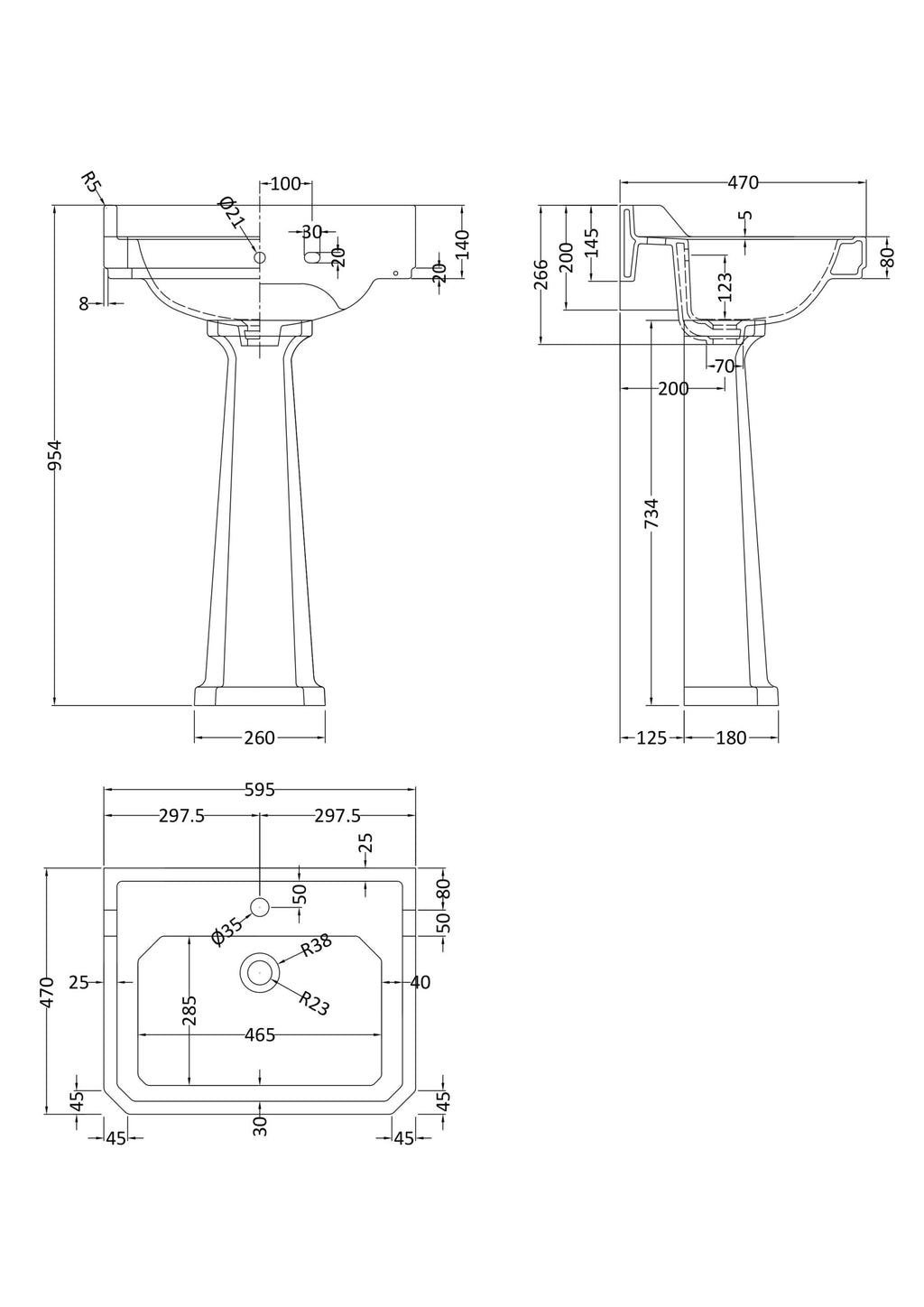 Detailed technical drawing of Bubly Bathrooms pedestal sink with precise measurements for bathroom renovation and design projects.