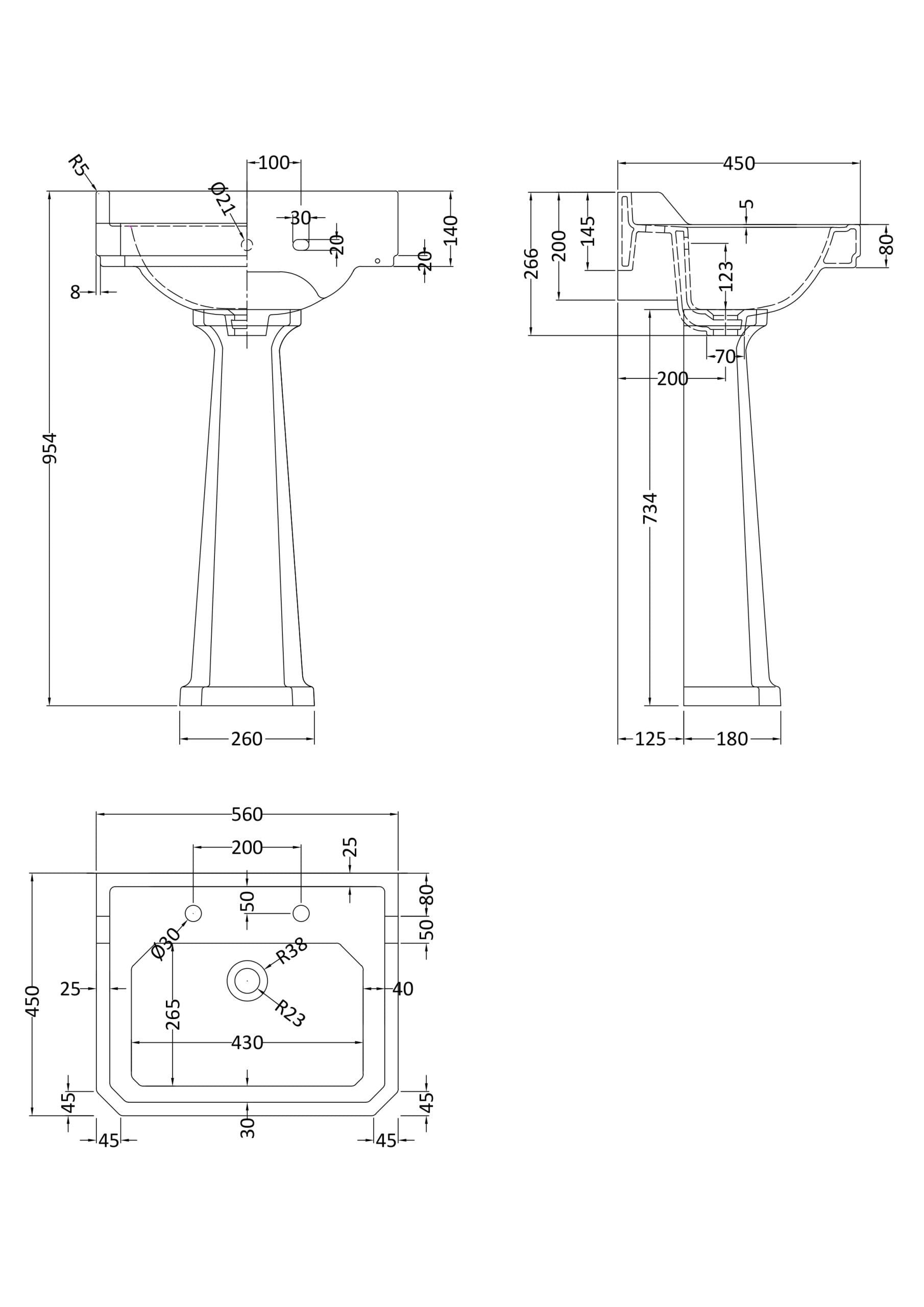 Schematic drawings of Bubly Bathrooms' modern bathroom sink with detailed dimensions and design specifications. Perfect for bathroom renovation projects and plumbing installations.