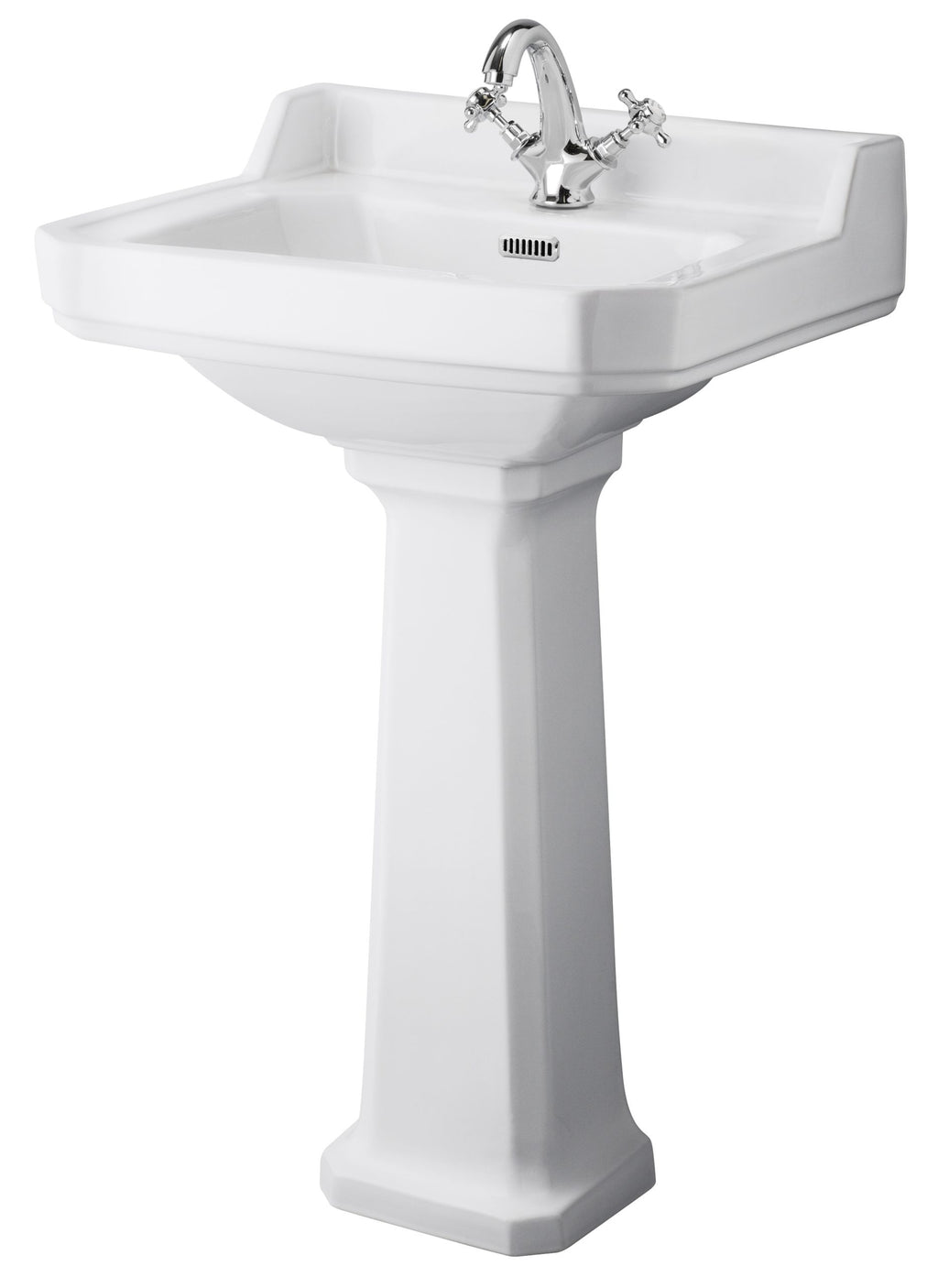 Polished white bathroom pedestal sink with chrome lever faucet, designed for classic bathroom decor, combining style and functionality for washing and rinsing.