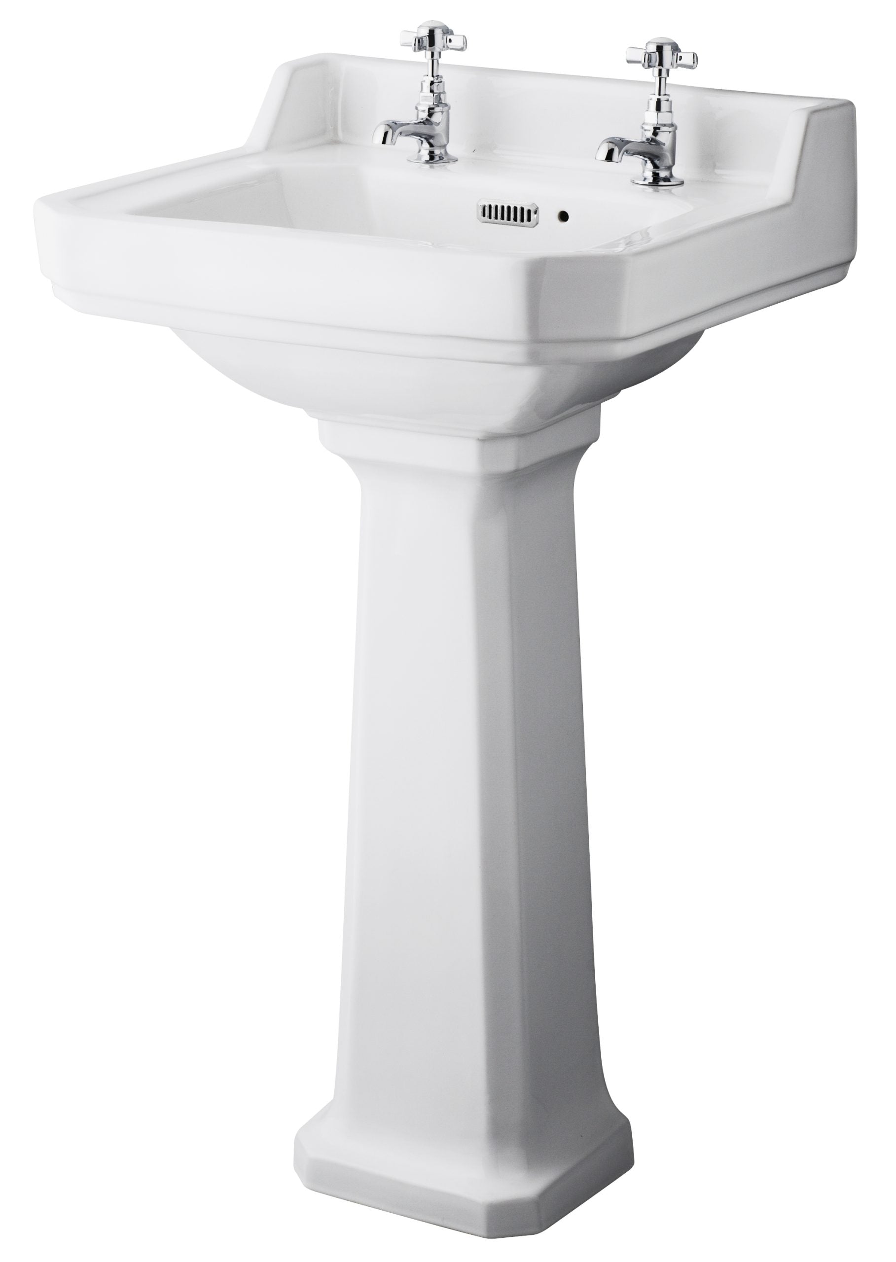Polished white bathroom pedestal sink with two taps, integrated overflow, and a classical design perfect for traditional bathroom decor.