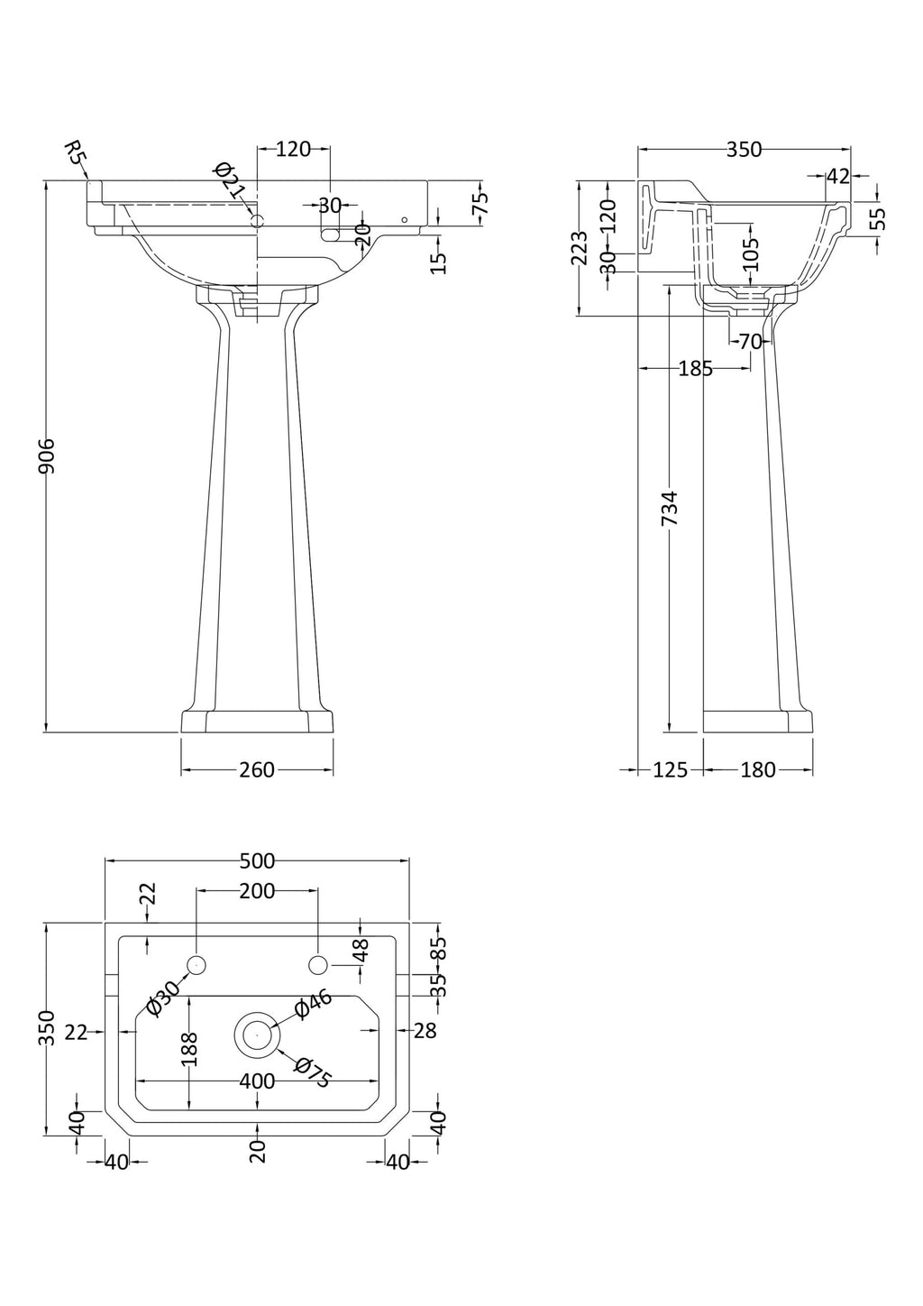 High-quality technical drawing of Bubly Bathrooms pedestal sink with detailed measurements and plumbing layout. Perfect for bathroom remodels and installations.