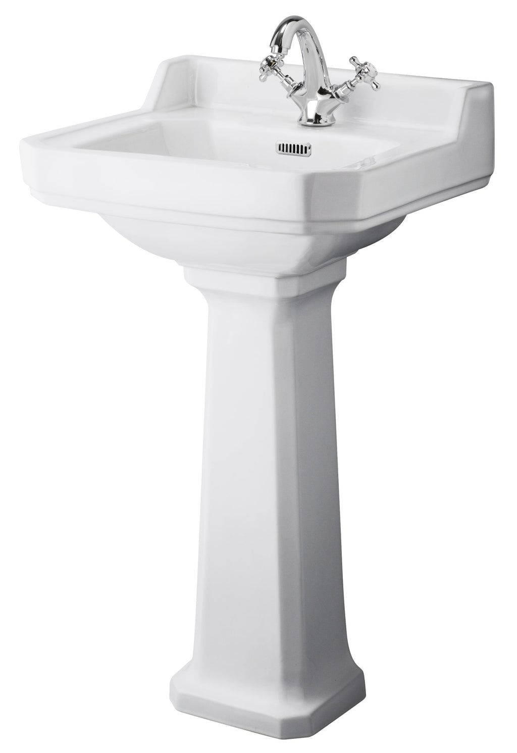 Elegant white pedestal sink with classic chrome taps, perfect for traditional bathroom decor, offering functionality and timeless style for families and guest bathrooms alike.