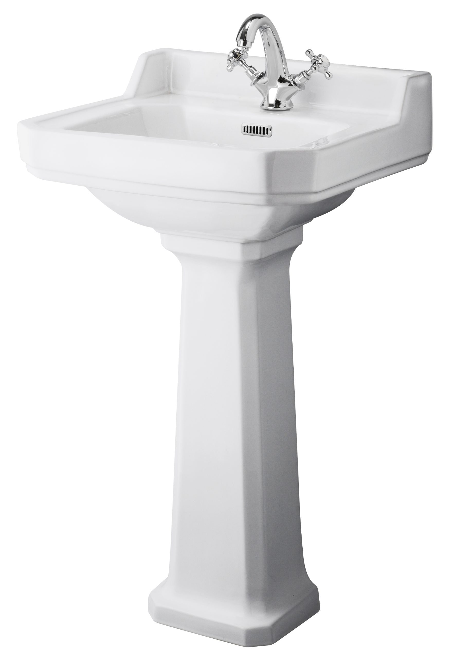 Elegant white pedestal sink with classic chrome taps, perfect for traditional bathroom decor, offering functionality and timeless style for families and guest bathrooms alike.