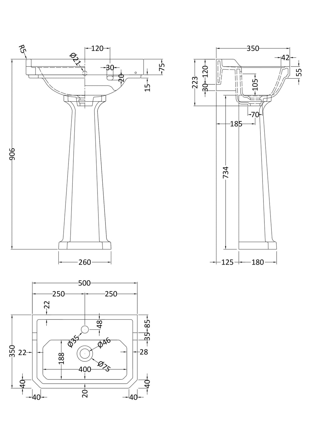 High-quality bathroom sink technical drawing with detailed measurements for Bubly Bathrooms. Perfect for bathroom remodels and plumbing installations.
