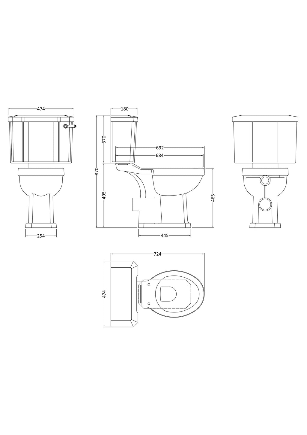 Modern white close-coupled toilet with detailed technical shower sketch, ideal for contemporary bathroom renovation projects, showcasing durable ceramic design.