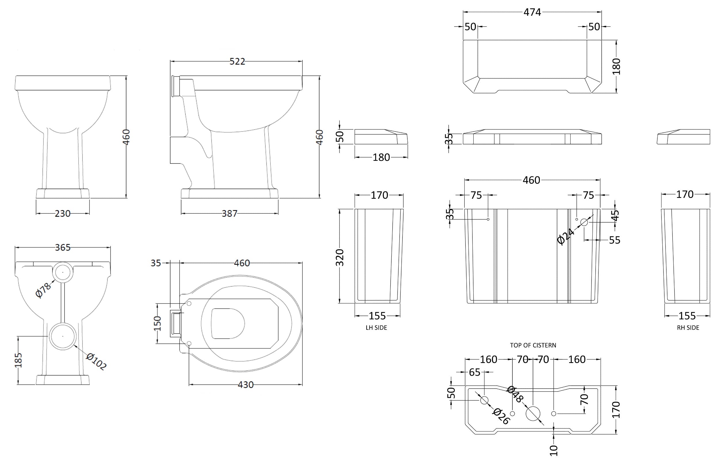 Schematic technical drawing of a modern bathroom toilet with detailed measurements and dimensions for installation.