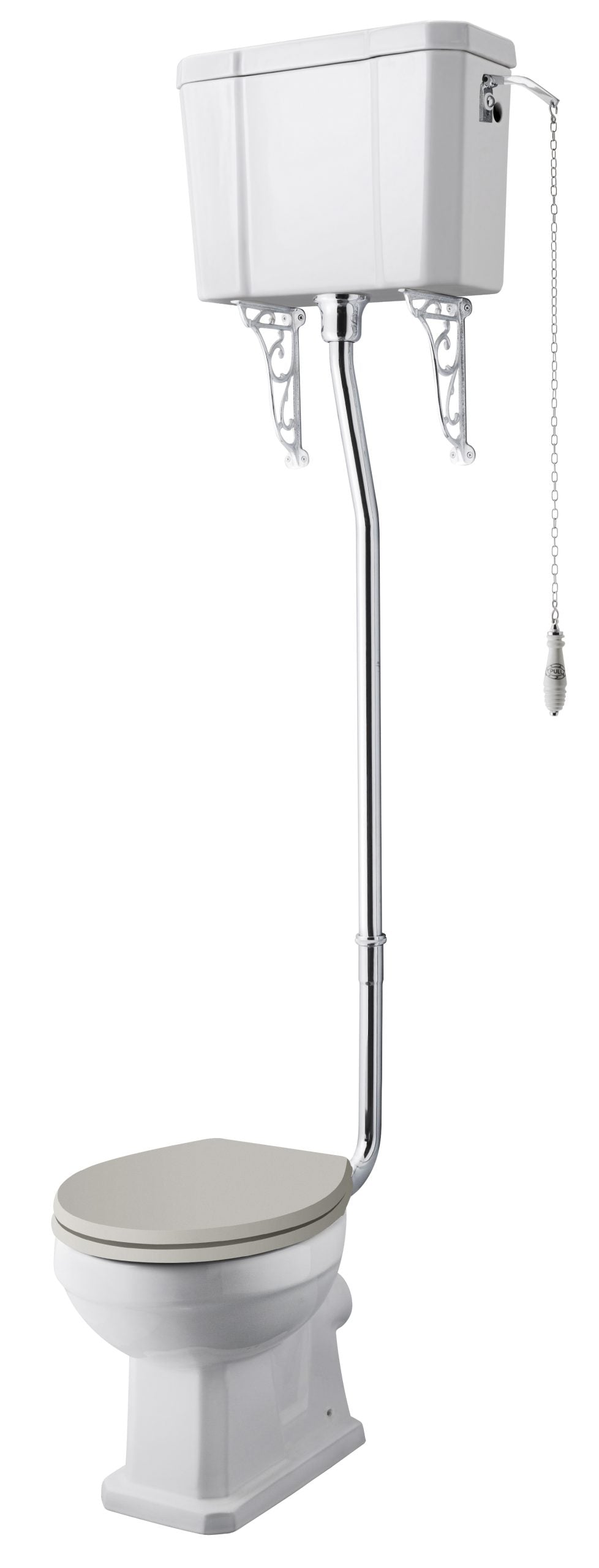 Extremely high toilet with a built-in emergency alarm system, designed for accessible bathrooms, featuring a sturdy frame and chain lever for safety and convenience.