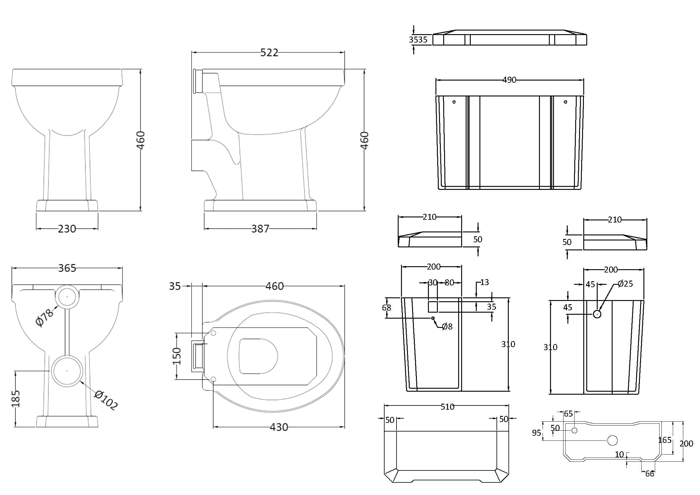 Schematic technical drawing of a bathroom toilet and fixtures with measurements, suitable for bathroom renovation or design projects.