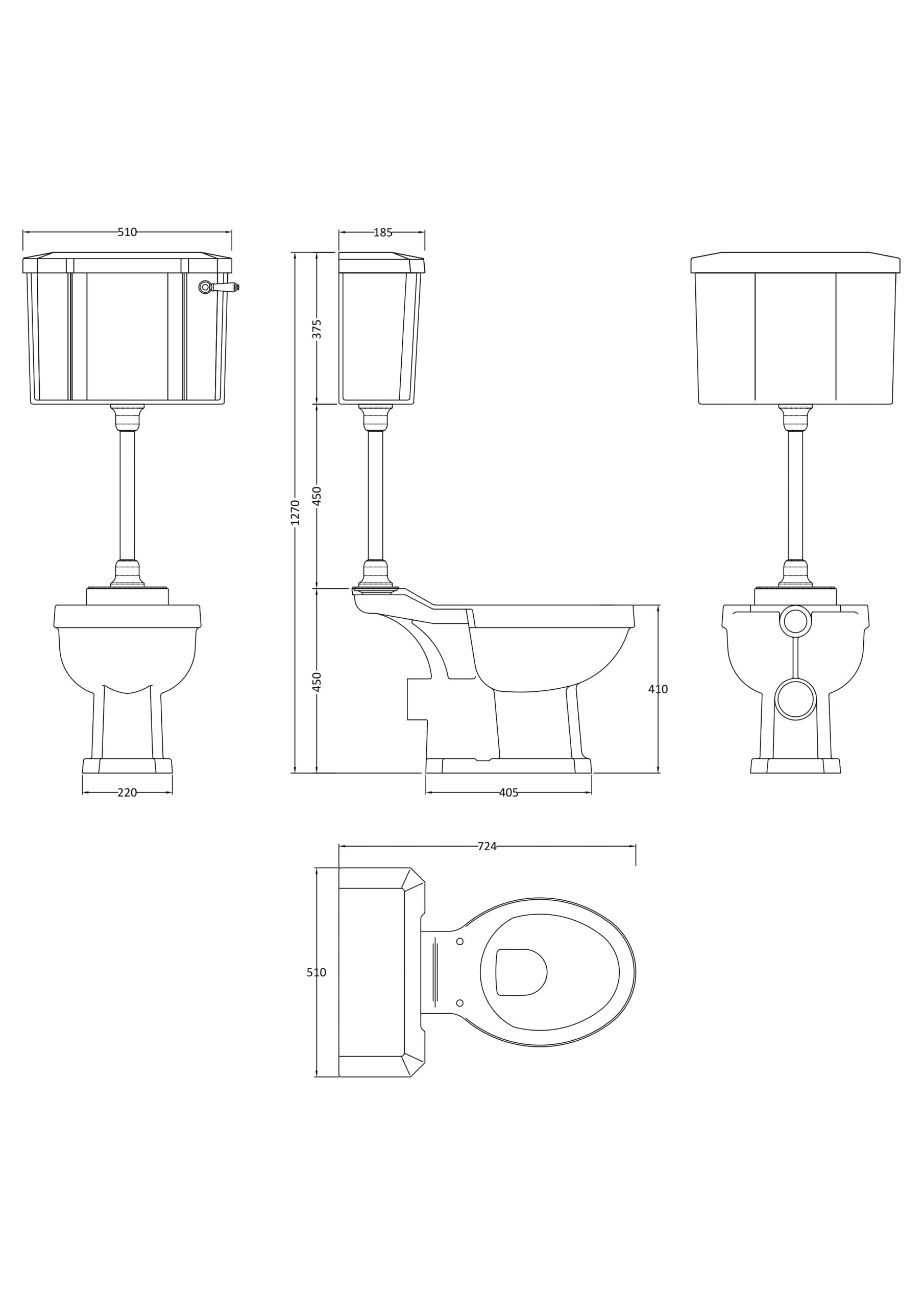 A detailed technical drawing of a Bubly Bathrooms toilet, displaying front, side, and top views with precise measurements in millimetres.