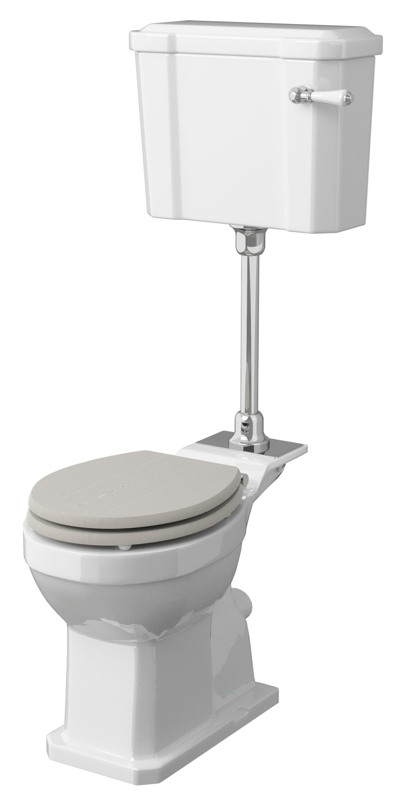 Toilet with an off-white seat, classic cistern, and chrome flush pipe, ideal for traditional bathroom designs.