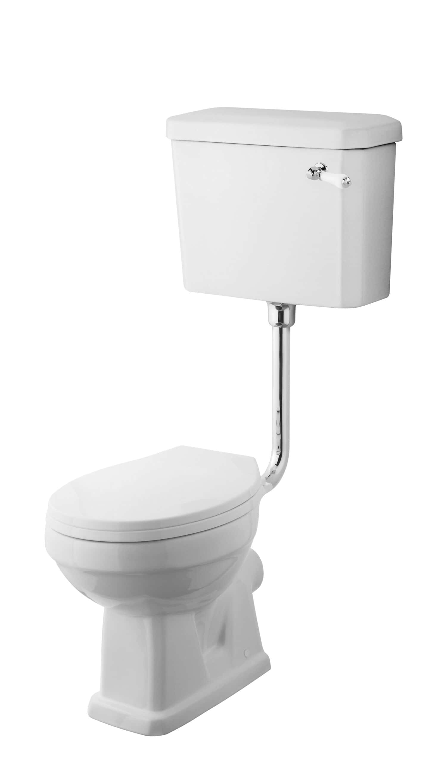 Toilet featuring a classic design with a white ceramic finish and chrome flush handle, ideal for modern bathrooms and bathroom renovations.