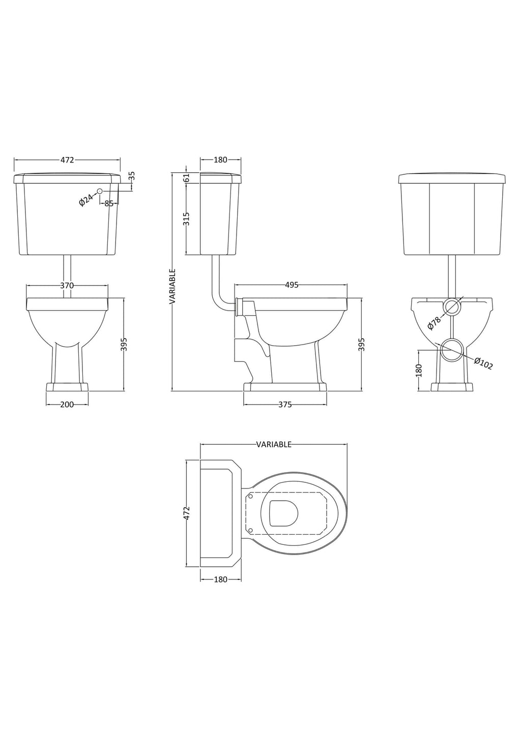 High-quality technical drawing of Bubly Bathrooms toilet with dimensions and installation details, showcasing durable and stylish bathroom fixtures for modern bathroom design.