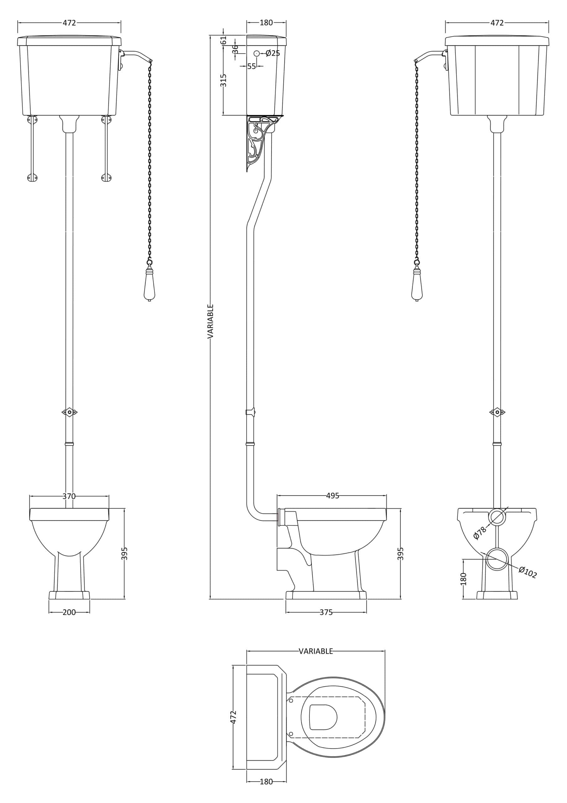 High-level technical drawing of a vintage-style high-mounted toilet with a cistern and pull chain, showcasing precise measurements and plumbing connections for bathroom installations.