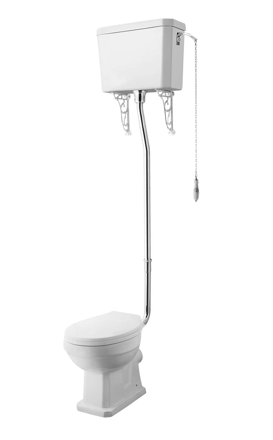 Flush toilet with high-level cistern and chain pull, designed for classic bathroom aesthetics and functionality.